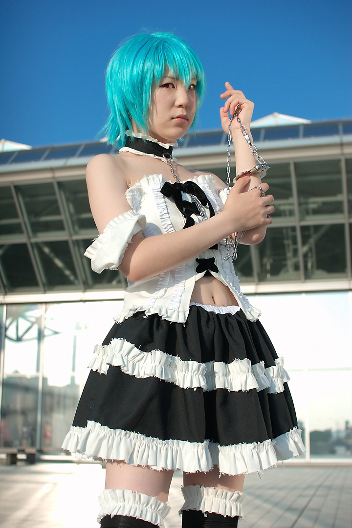 kabi, ayanami rei, neon genesis evangelion, photo (medium), blue hair, cosplay, frills, lace, leash, red eyes, thighhighs, zettai ryouiki