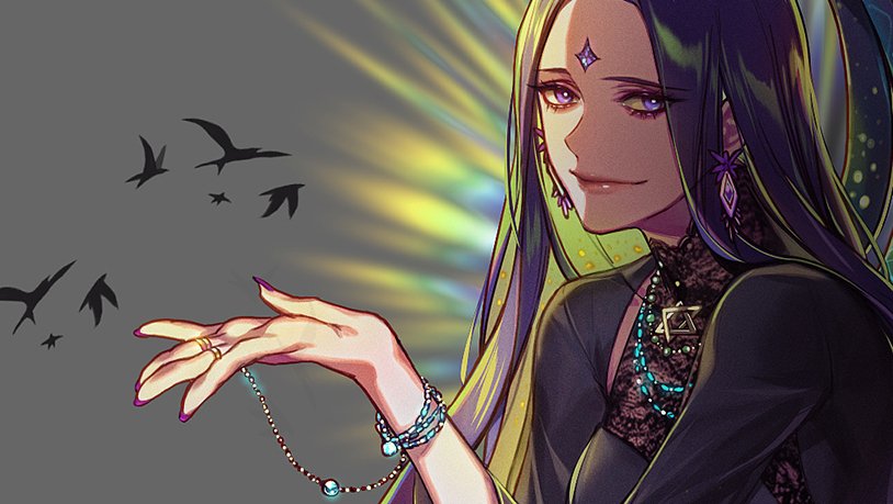 eu (euspia), regressor's instruction manual, 1boy, black eyes, black hair, earrings, jewelry, long hair, necklace, purple eyes, ring, solo