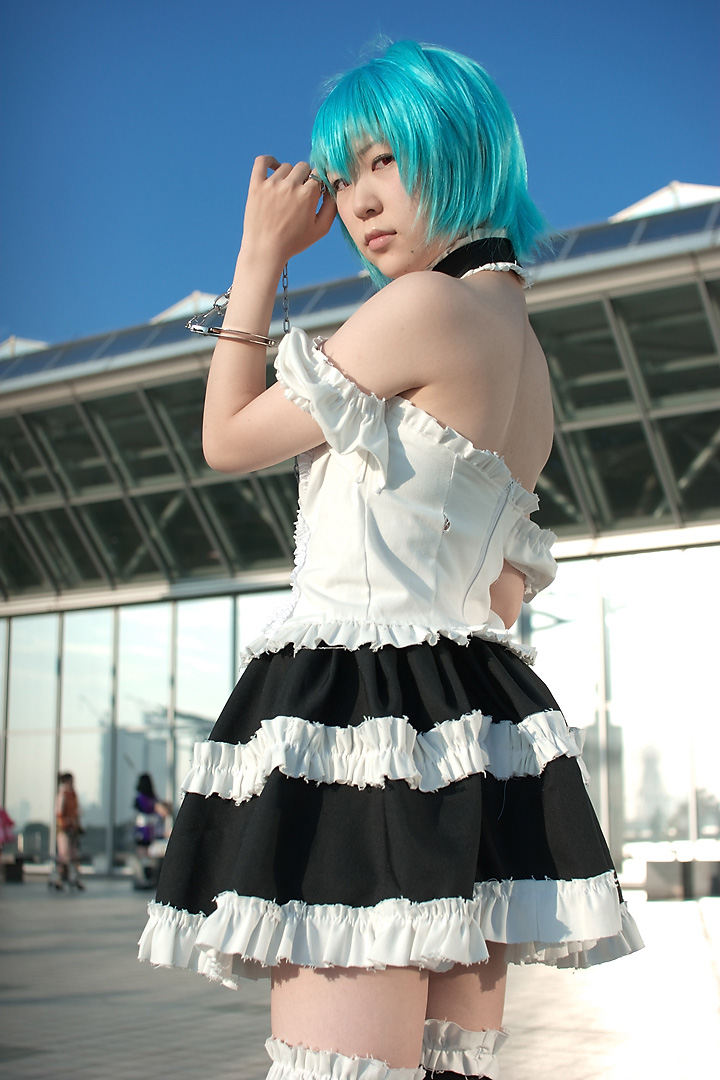 kabi, ayanami rei, neon genesis evangelion, photo (medium), blue hair, cosplay, frills, lace, leash, red eyes, thighhighs, zettai ryouiki