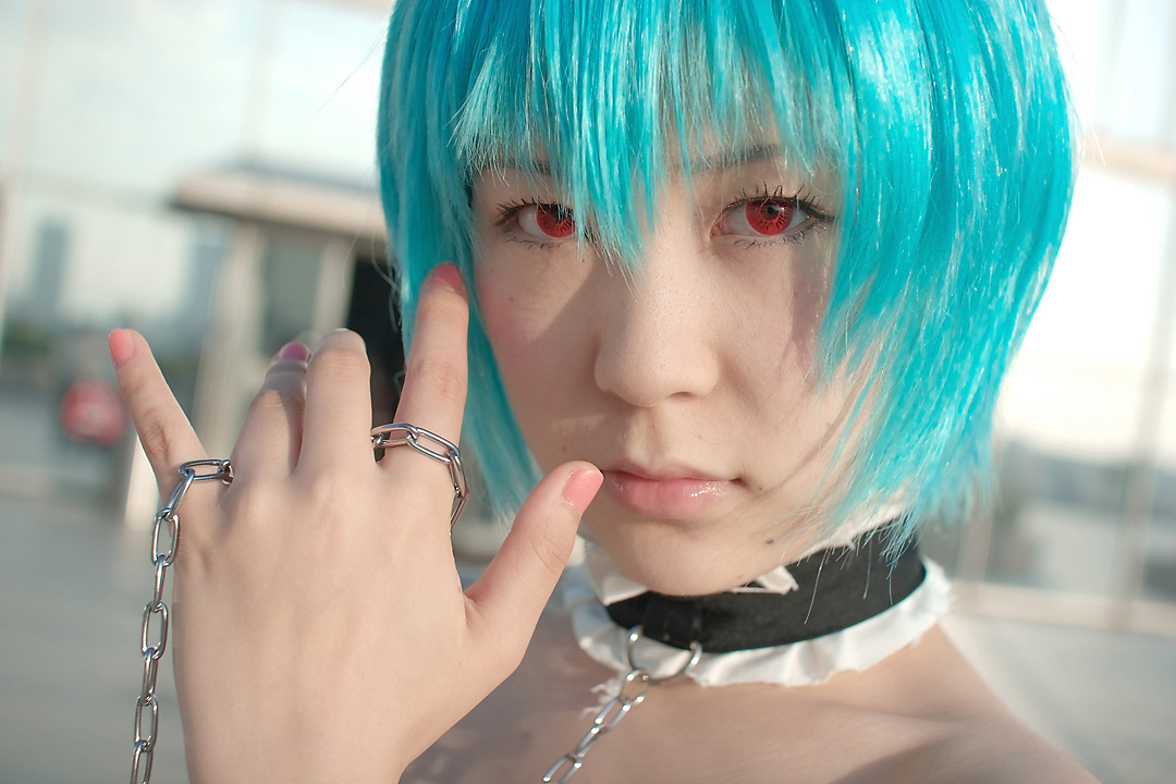 kabi, ayanami rei, neon genesis evangelion, photo (medium), blue hair, cosplay, frills, lace, leash, red eyes