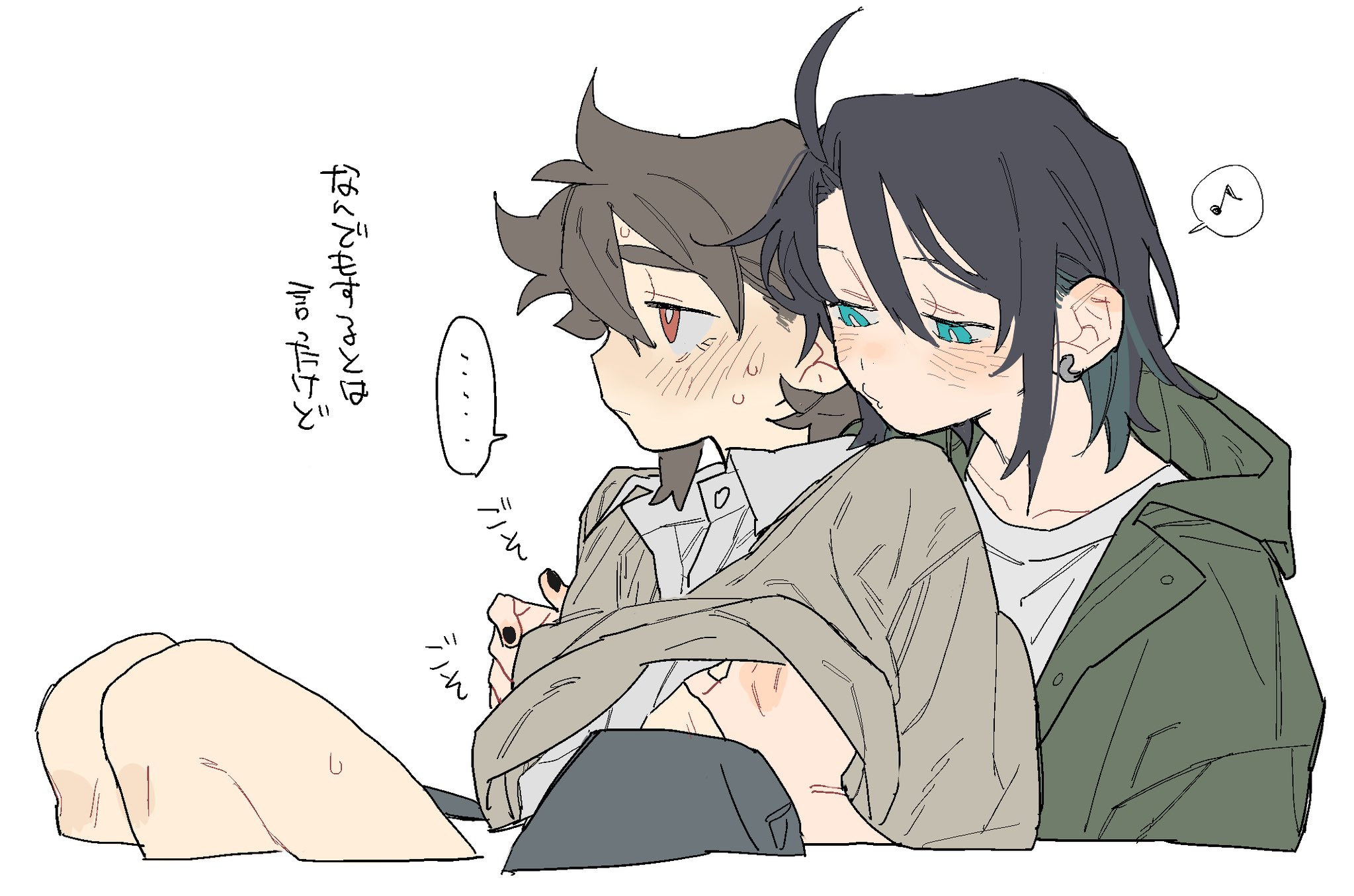 dayama, original, highres, translation request, …, 2girls, aqua eyes, black hair, blush, bright pupils, brown hair, closed mouth, collarbone, flat color, green jacket, grey sweater, groping, half-closed eyes, jacket, multiple girls, musical note, open clothes, open jacket, red eyes, simple background, sitting, spoken ellipsis, spoken musical note, sweat, sweater, upper body, white background, white pupils, yuri
