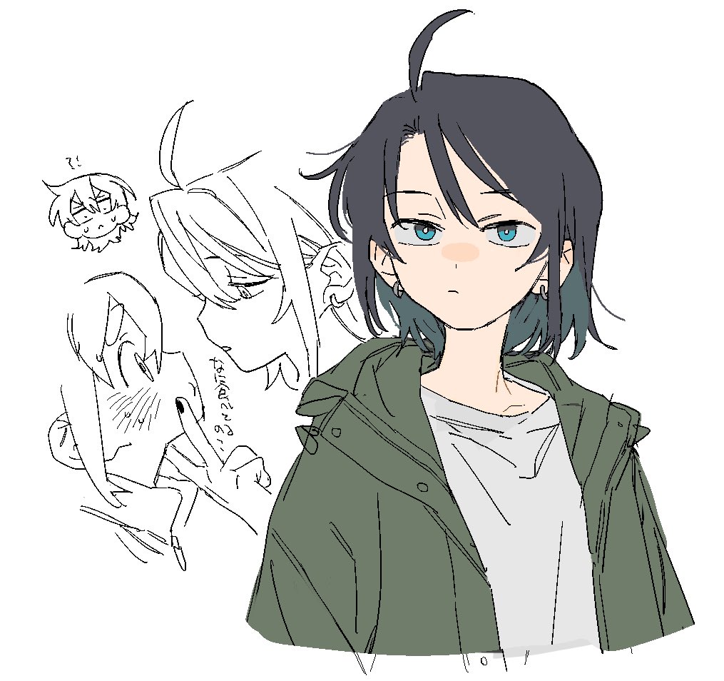 dayama, original, 2girls, ahoge, black hair, black nails, blue eyes, bright pupils, closed mouth, collarbone, fingernails, flat color, green jacket, grey shirt, jacket, looking at viewer, medium hair, multiple girls, open clothes, open jacket, shirt, simple background, white background, white pupils, yuri