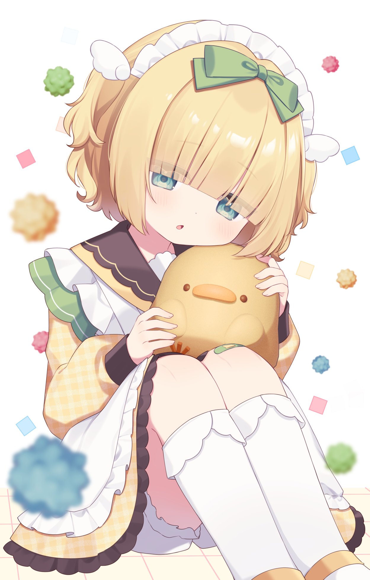 nori tama00, original, highres, 1girl, animal, apron, bandaid, bandaid on knee, bandaid on leg, bird, blonde hair, blue eyes, blunt bangs, blurry, blush, bow, candy, depth of field, dress, food, hair bow, hair ornament, holding, holding animal, holding bird, kneehighs, long sleeves, looking at viewer, maid headdress, short hair, sitting, socks, solo, stuffed animal, stuffed toy, underwear, virtual youtuber, white background, white socks, wing hair ornament