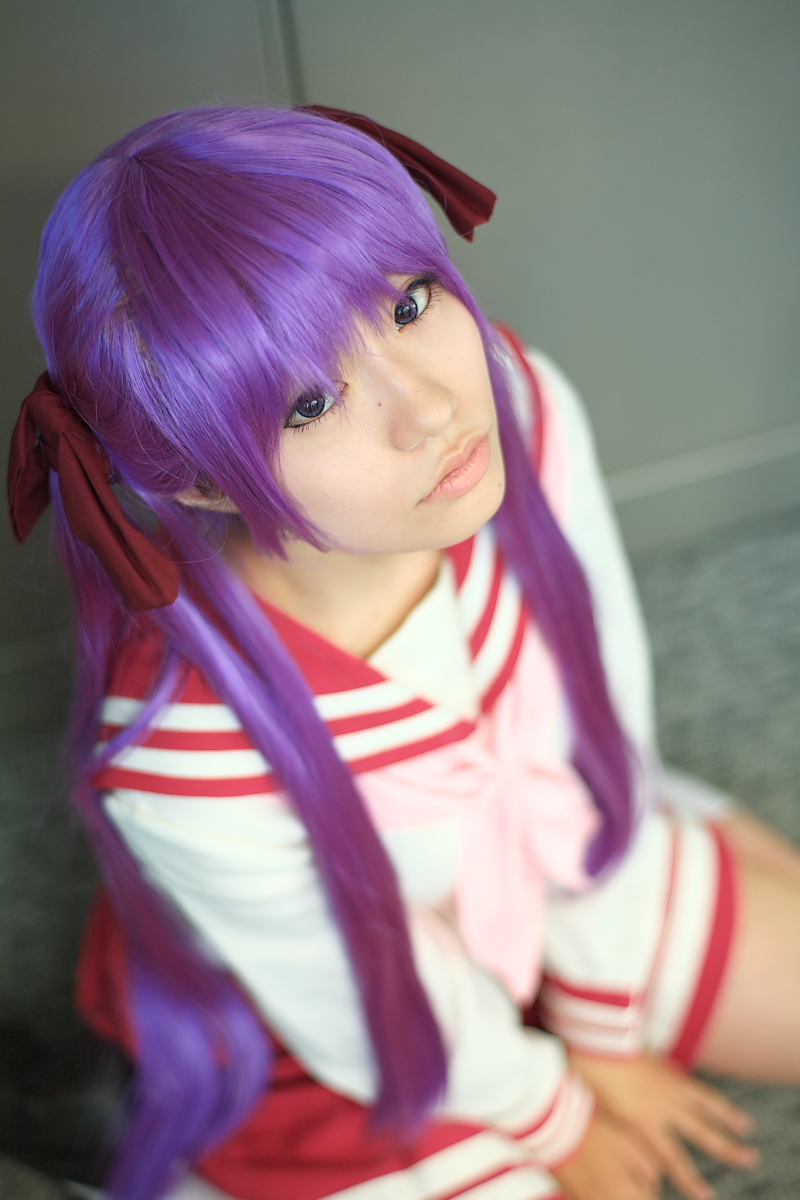 naito, hiiragi kagami, lucky star, highres, photo (medium), cosplay, hair ribbon, purple hair, ribbon, sailor, school uniform, serafuku, socks, twintails