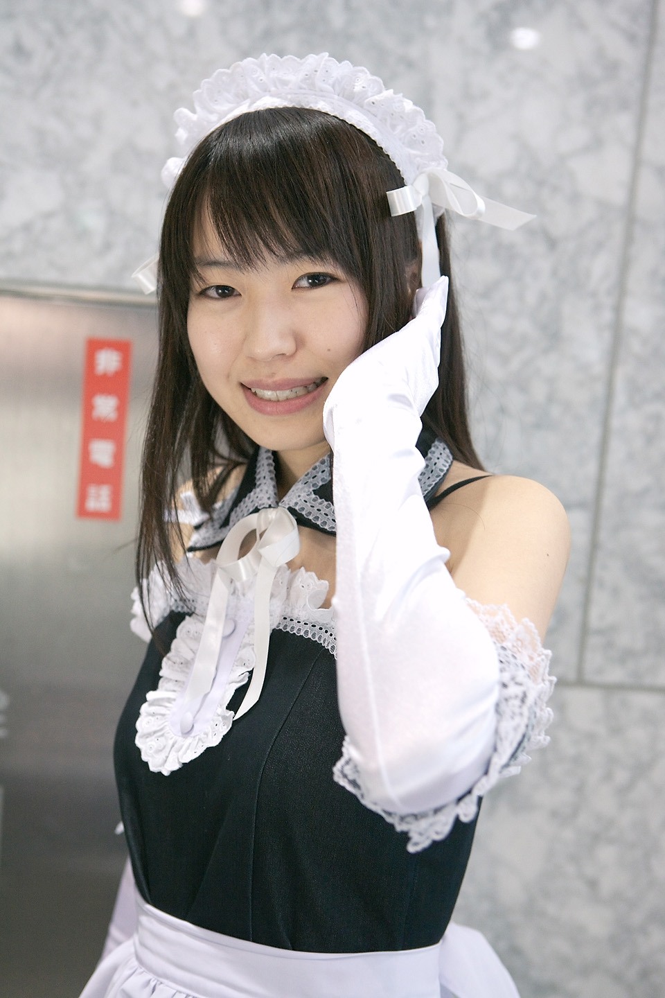 azumo yuiko, kurauchi anna, kore ga watashi no goshujin-sama, highres, photo (medium), 1girl, apron, asian, bare shoulders, cosplay, detached collar, elbow gloves, female focus, gloves, indoors, japanese (nationality), looking at viewer, maid, maid apron, maid headdress, nakabayashi yoshitaka's maid uniform, ribbon, solo, upper body, white gloves