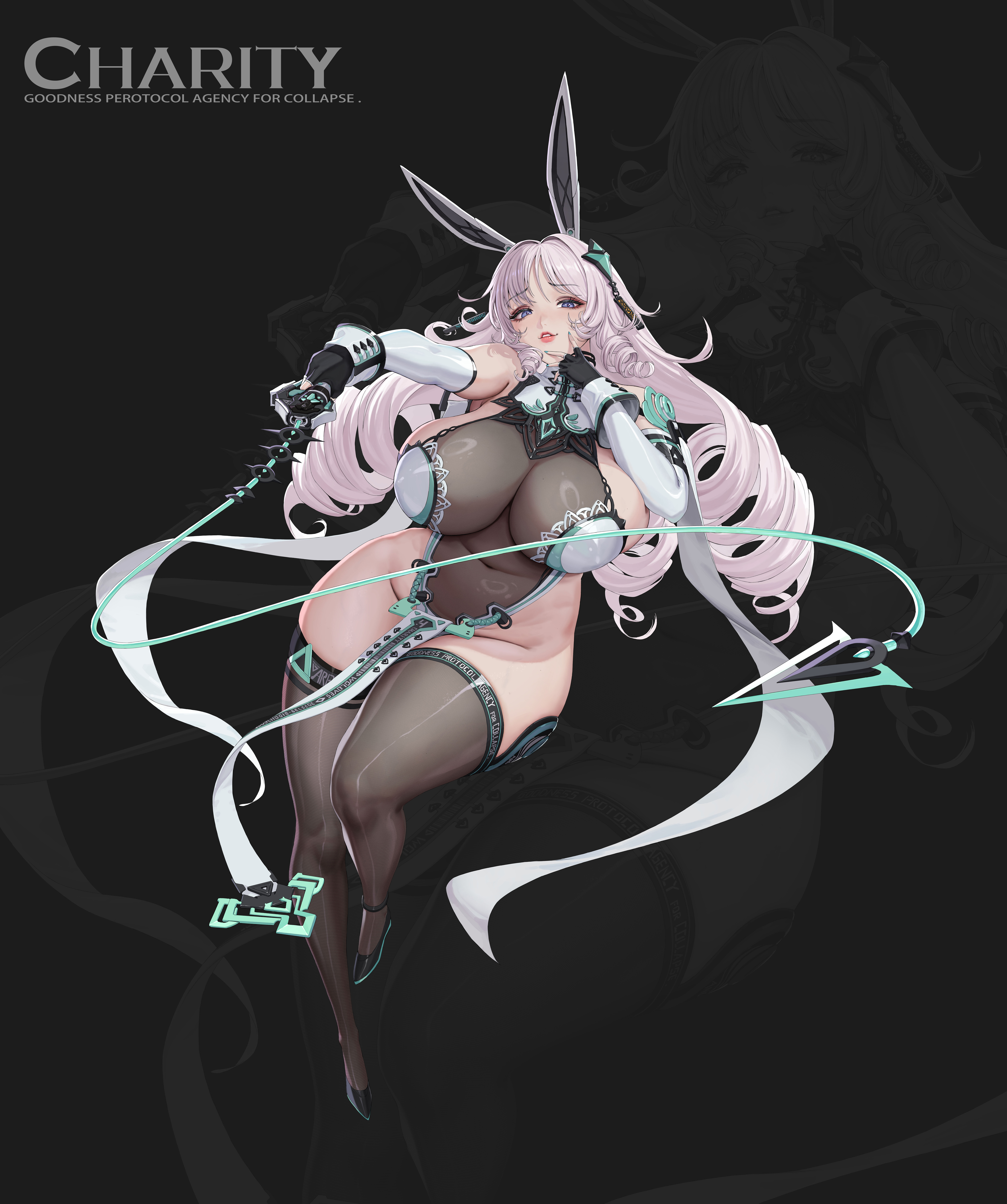 hui z jie, original, absurdres, commentary request, highres, 1girl, animal ears, bare shoulders, black gloves, black shoes, black thighhighs, breasts, character name, detached sleeves, drill hair, fake animal ears, full body, gloves, huge breasts, long sleeves, looking at viewer, parted lips, pink hair, plump, rabbit ears, shoes, skin tight, thighhighs, twin drills, white sleeves