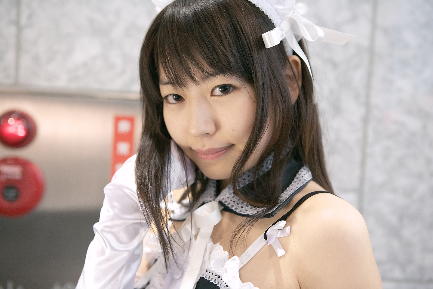 azumo yuiko, kurauchi anna, kore ga watashi no goshujin-sama, photo (medium), 1girl, apron, asian, bare shoulders, blurry, cosplay, depth of field, detached collar, elbow gloves, female focus, gloves, japanese (nationality), looking at viewer, maid, maid apron, maid headdress, nakabayashi yoshitaka's maid uniform, ribbon, solo, white gloves