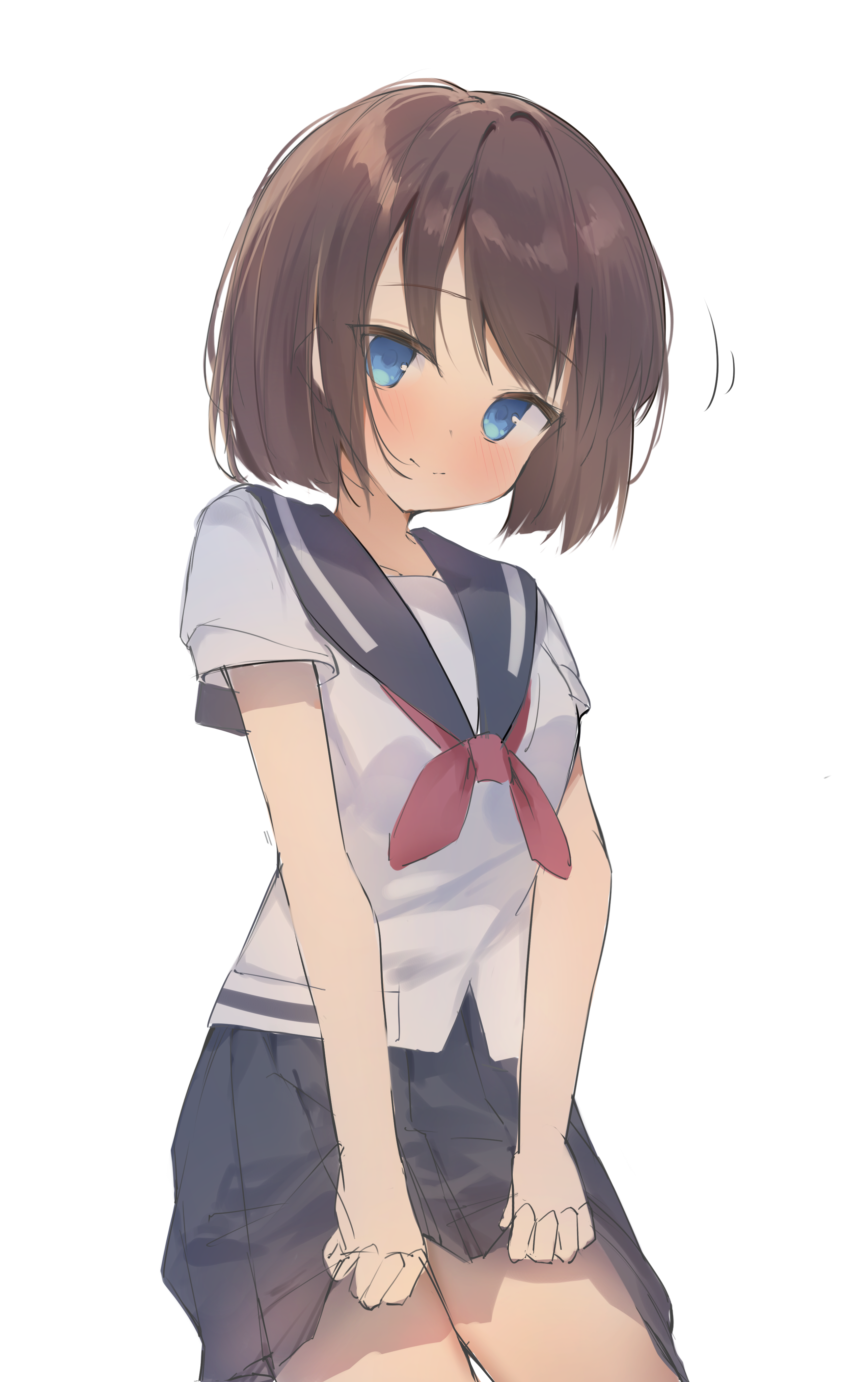 koiirohanab, onjouji toki, saki (manga), absurdres, commentary request, highres, 1girl, black sailor collar, black skirt, blue eyes, blue pupils, blue sailor collar, blush, brown hair, closed mouth, clothes lift, cowboy shot, hair between eyes, lifting own clothes, looking at viewer, medium hair, miniskirt, neckerchief, pleated skirt, red neckerchief, sailor collar, school uniform, serafuku, shirt, short sleeves, simple background, sketch, skirt, skirt lift, smile, solo, split mouth, straight hair, white background, white shirt