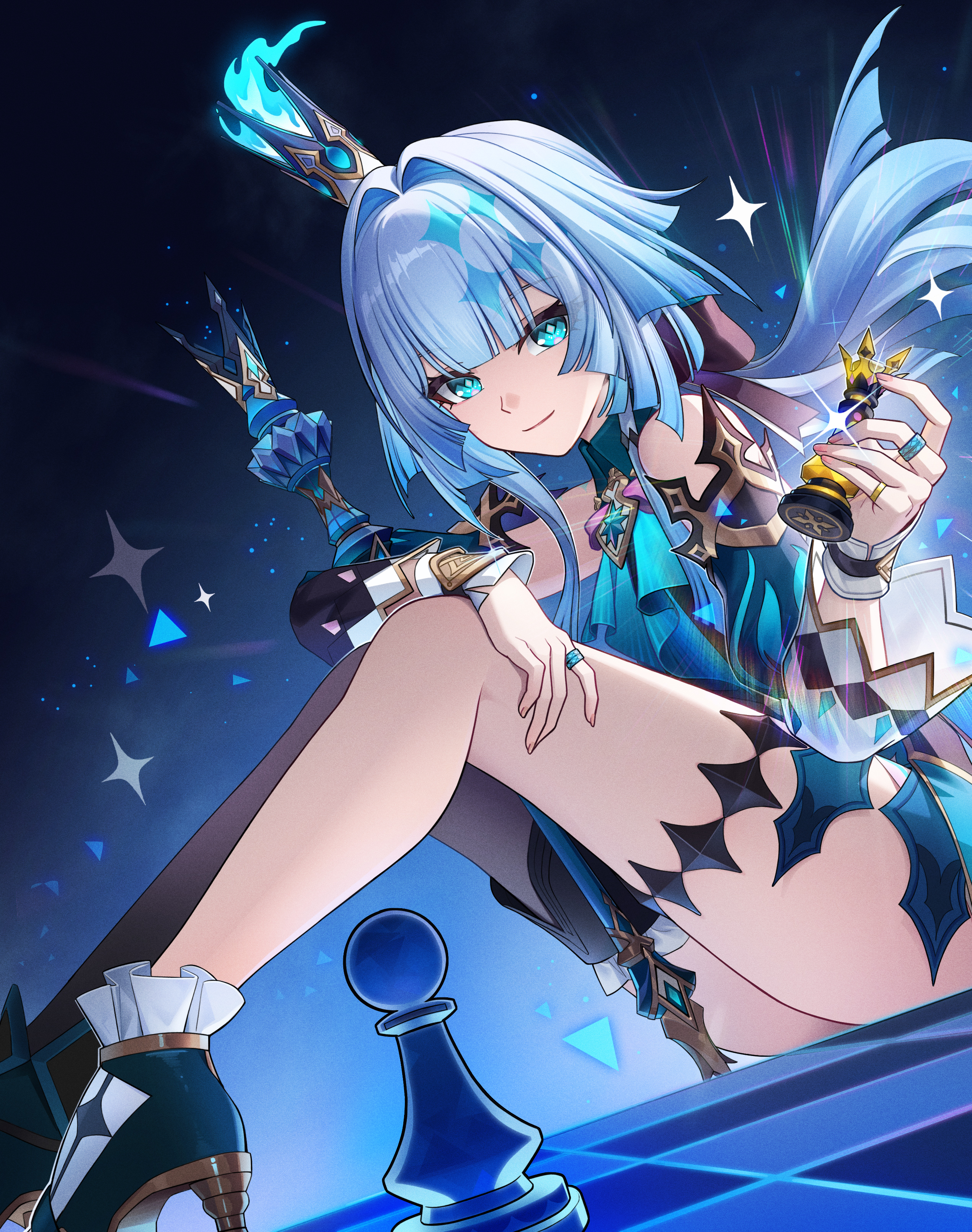 jiachong jun z, cerydra (honkai: star rail), honkai: star rail, honkai (series), absurdres, chinese commentary, commentary request, highres, 1girl, black thighhighs, blue dress, blue eyes, blue hair, chess piece, chessboard, crown, detached sleeves, dress, hair intakes, high heels, holding, holding chess piece, knees up, long hair, looking at viewer, pawn (chess), queen (chess), scepter, single thighhigh, sitting, smile, solo, thigh strap, thighhighs, thighs