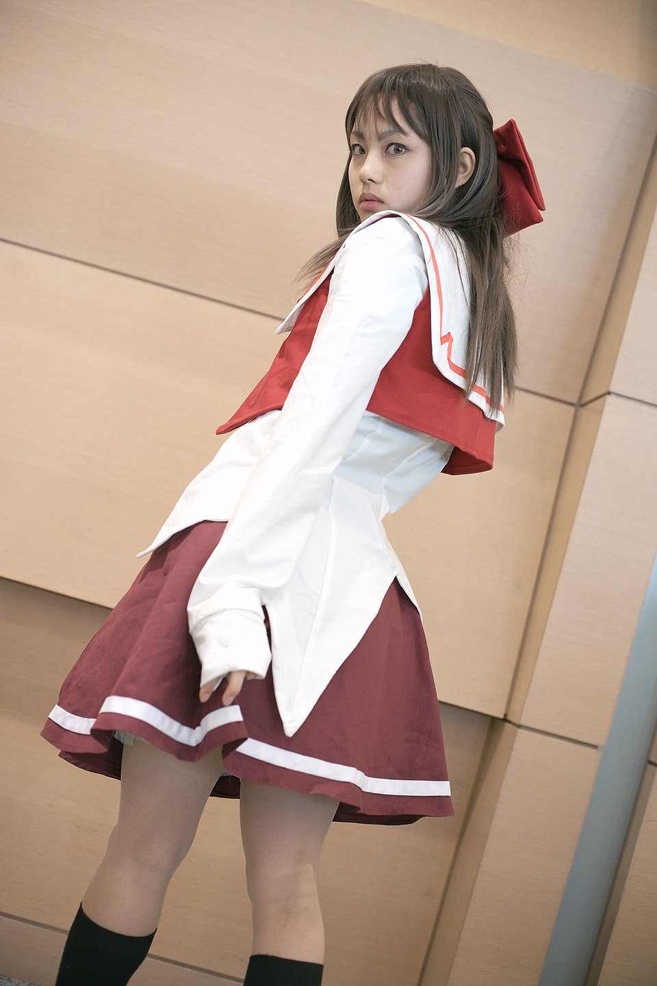 character request, highres, photo (medium), source request, bow, cosplay, hair bow, kneehighs, sailor, school uniform, serafuku, socks