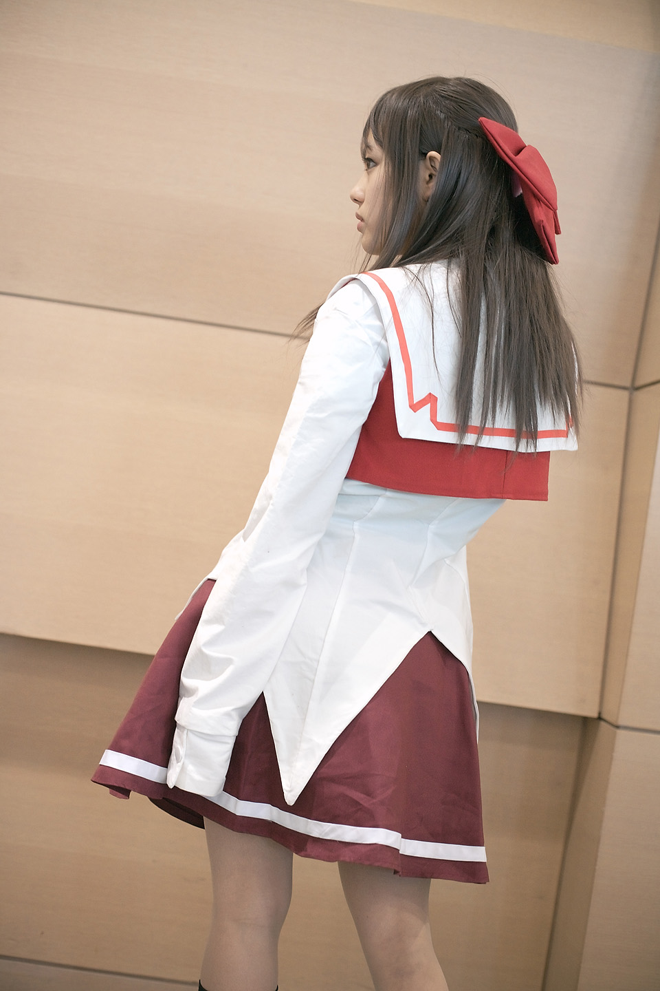 character request, highres, photo (medium), source request, bow, cosplay, hair bow, kneehighs, sailor, school uniform, serafuku, socks