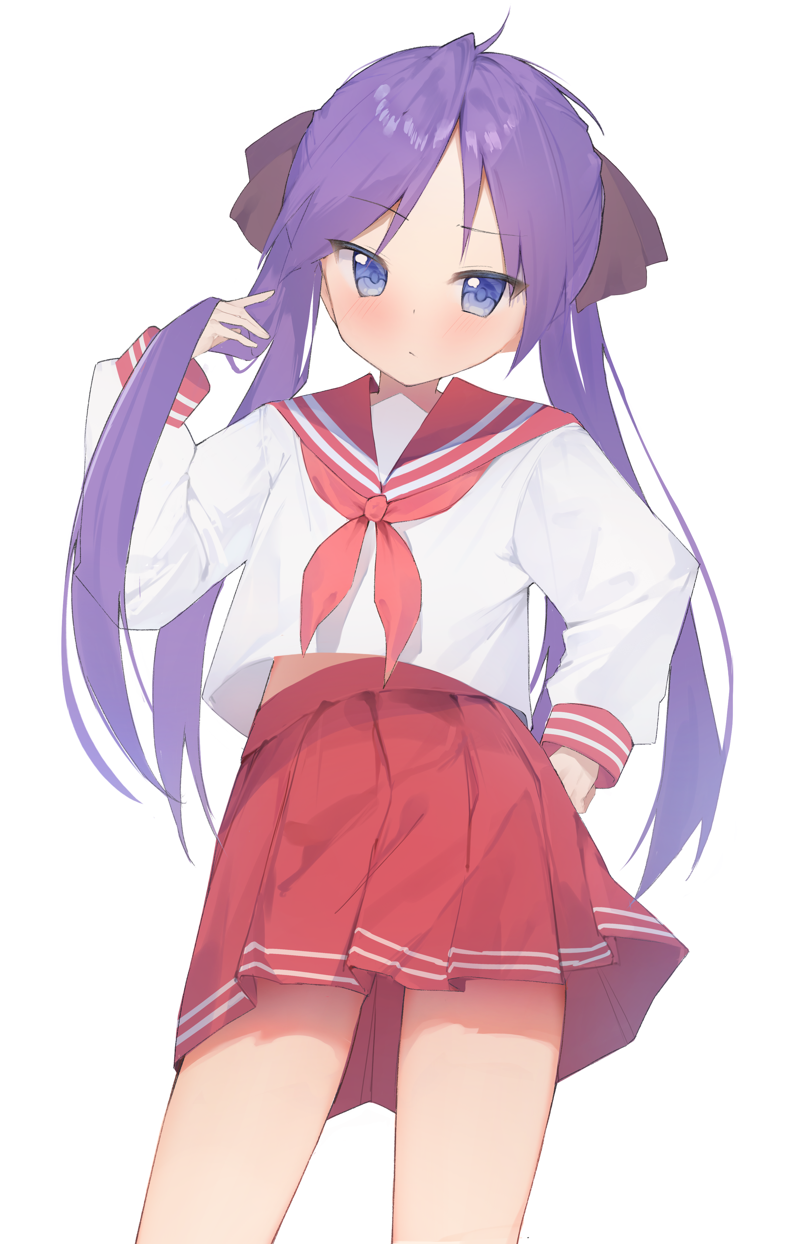 koiirohanab, hiiragi kagami, lucky star, absurdres, commentary, highres, 1girl, black ribbon, blue eyes, blue pupils, blush, closed mouth, cowboy shot, frown, furrowed brow, hair between eyes, hair ribbon, hand on own hip, hand up, holding, holding own hair, long hair, long sleeves, looking at viewer, midriff peek, miniskirt, neckerchief, parted bangs, pink neckerchief, pleated skirt, purple hair, red sailor collar, red skirt, ribbon, sailor collar, school uniform, serafuku, shirt, skirt, solo, straight hair, thighs, twintails, very long hair, white shirt