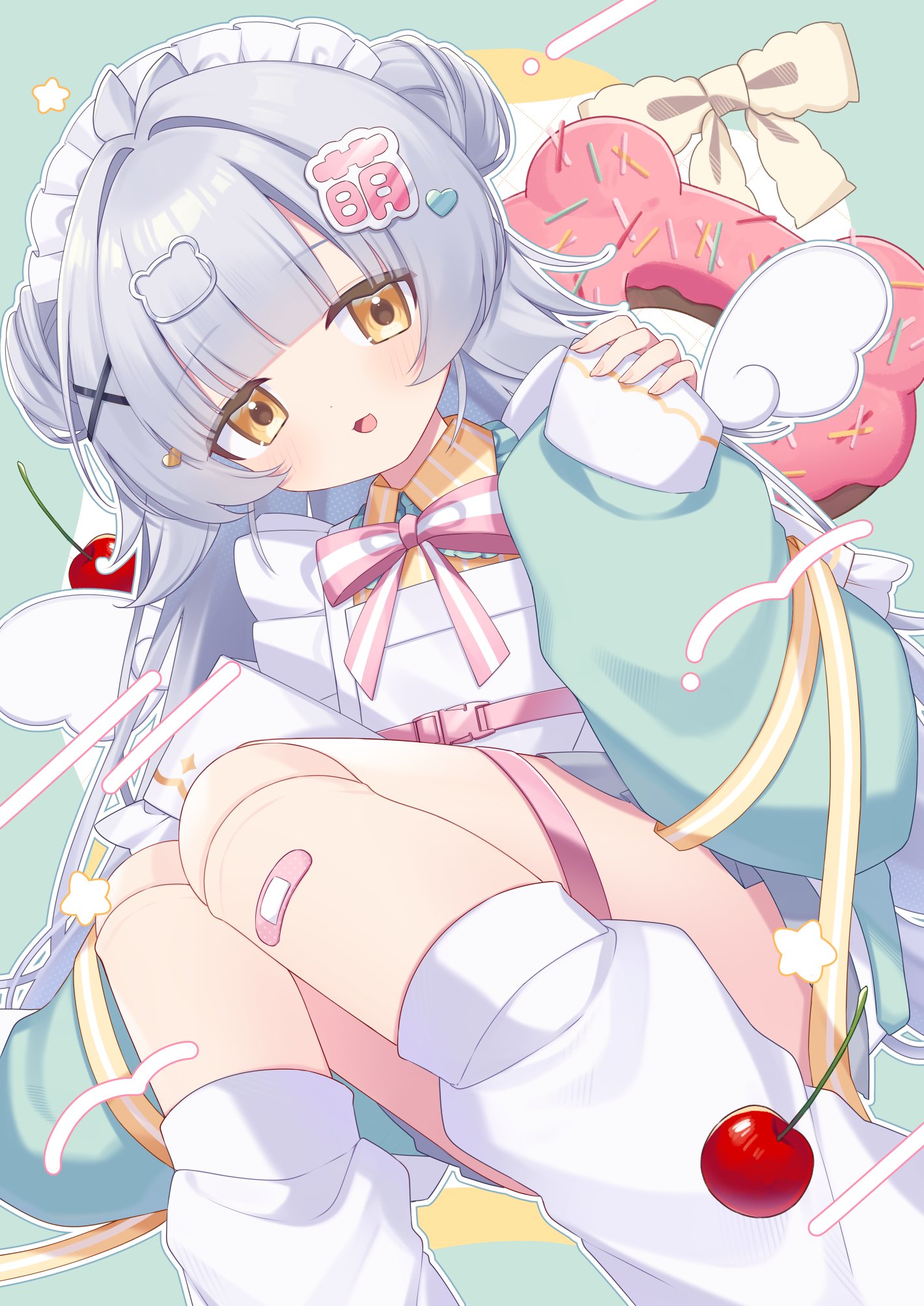 nori tama00, original, highres, 1girl, apron, bandaid, bandaid on knee, bandaid on leg, berry, blunt bangs, blush, cherry, doll joints, donut, food, fruit, grey hair, hair bun, hair ornament, heart, heart hair ornament, joints, long hair, long sleeves, looking at viewer, loose socks, maid headdress, noname production, open mouth, oversized food, oversized object, shiori (vtuber), smile, socks, solo, virtual youtuber, white apron, wings, x hair ornament, yellow eyes
