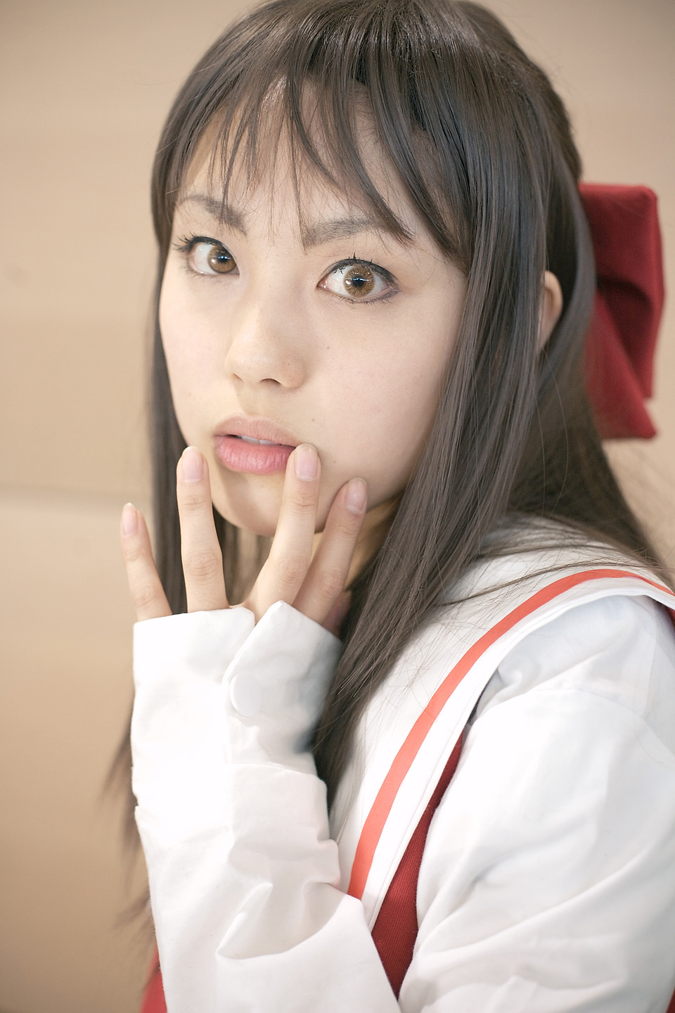 character request, highres, photo (medium), source request, bow, cosplay, hair bow, sailor, school uniform, serafuku