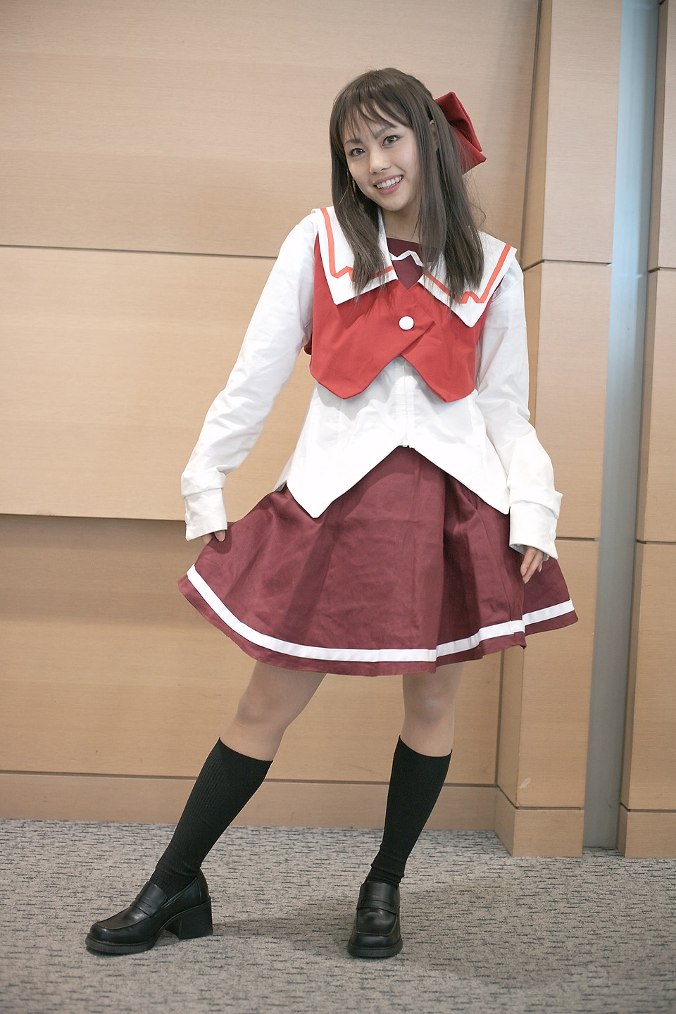 character request, highres, photo (medium), source request, bow, cosplay, hair bow, kneehighs, sailor, school uniform, serafuku, socks