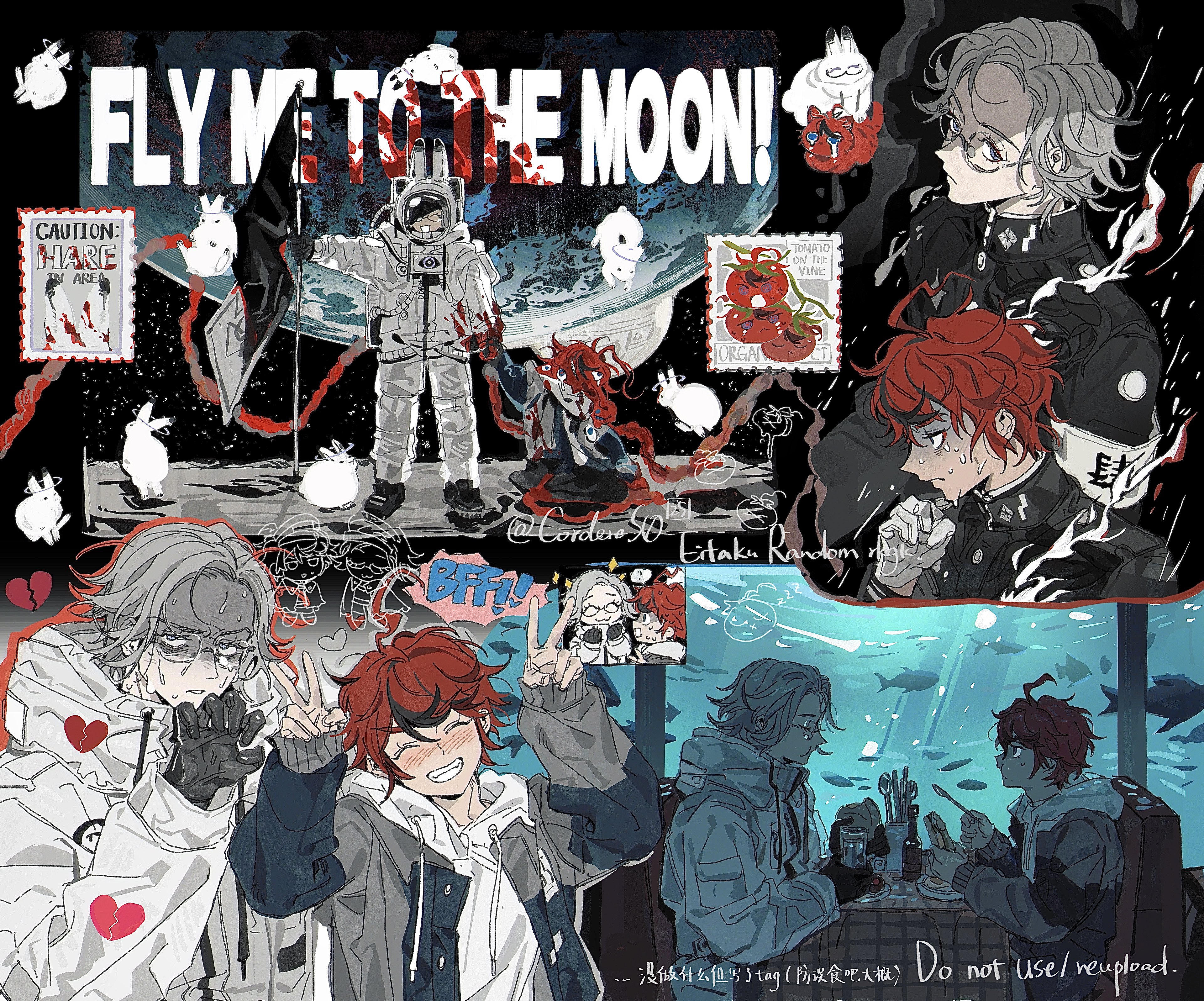 lenereco, aotsuki eito, sumino takumi, the hundred line -last defense academy-, absurdres, commentary, highres, spoilers, symbol-only commentary, 2boys, :3, :d, ?, ^ ^, ahoge, animal, animal ears, animal in clothes, animalization, armband, astronaut, black gloves, black jacket, black streaks, blood, blood on clothes, blue eyes, blush, booth seating, bottle, broken heart, cat, chewing, claw pose, closed eyes, collage, cup, doodle inset, double v, dripping eye, eating, english text, entrails, eye print, facing another, fish, flag, food, foodification, fork, gakuran, glasses, gloves, grey hair, grey jacket, grin, heart, helmet, holding, holding cup, holding flag, holding food, holding fork, holding hands, holding sandwich, hood, hoodie, jacket, jacket over hoodie, last defense academy school uniform, looking at another, looking at viewer, male focus, monster, multicolored hair, multicolored jacket, multiple boys, nervous sweating, nose blush, on moon, open mouth, organs, planet, plate, rabbit, rabbit ears, red hair, restaurant, sandwich, satellite, school uniform, shaded face, shadow, short hair, sitting, smile, space, space helmet, spacesuit, sparkle, spoken question mark, star (sky), streaked hair, sweat, table, tomato, two-tone jacket, v, water, white armband, white gloves, white hoodie, white jacket