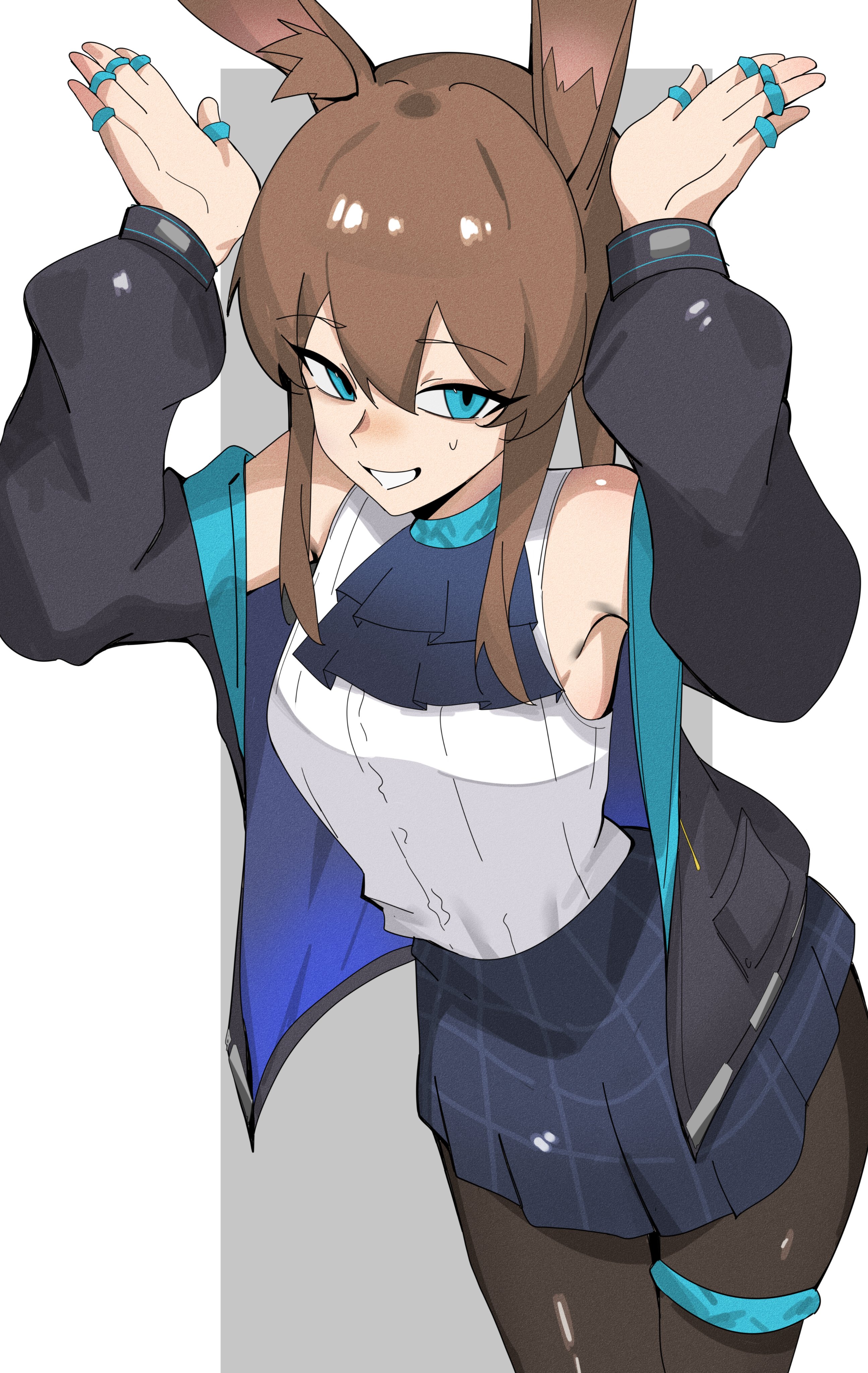 amiya (arknights), arknights, absurdres, commentary, english commentary, highres, 1girl, animal ear fluff, animal ears, ascot, blue collar, blue eyes, brown hair, collar, frilled ascot, frills, hood, hooded jacket, jacket, jewelry, leggings, rabbit ears, rabbit girl, rabbit pose, ring, skirt, solo, thumb ring, vertin