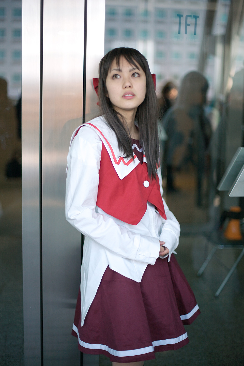 character request, highres, photo (medium), source request, bow, cosplay, hair bow, kneehighs, sailor, school uniform, serafuku, socks