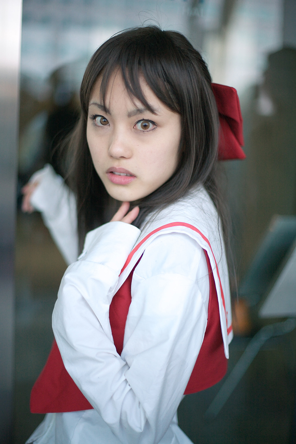 character request, highres, photo (medium), source request, bow, cosplay, hair bow, sailor, school uniform, serafuku