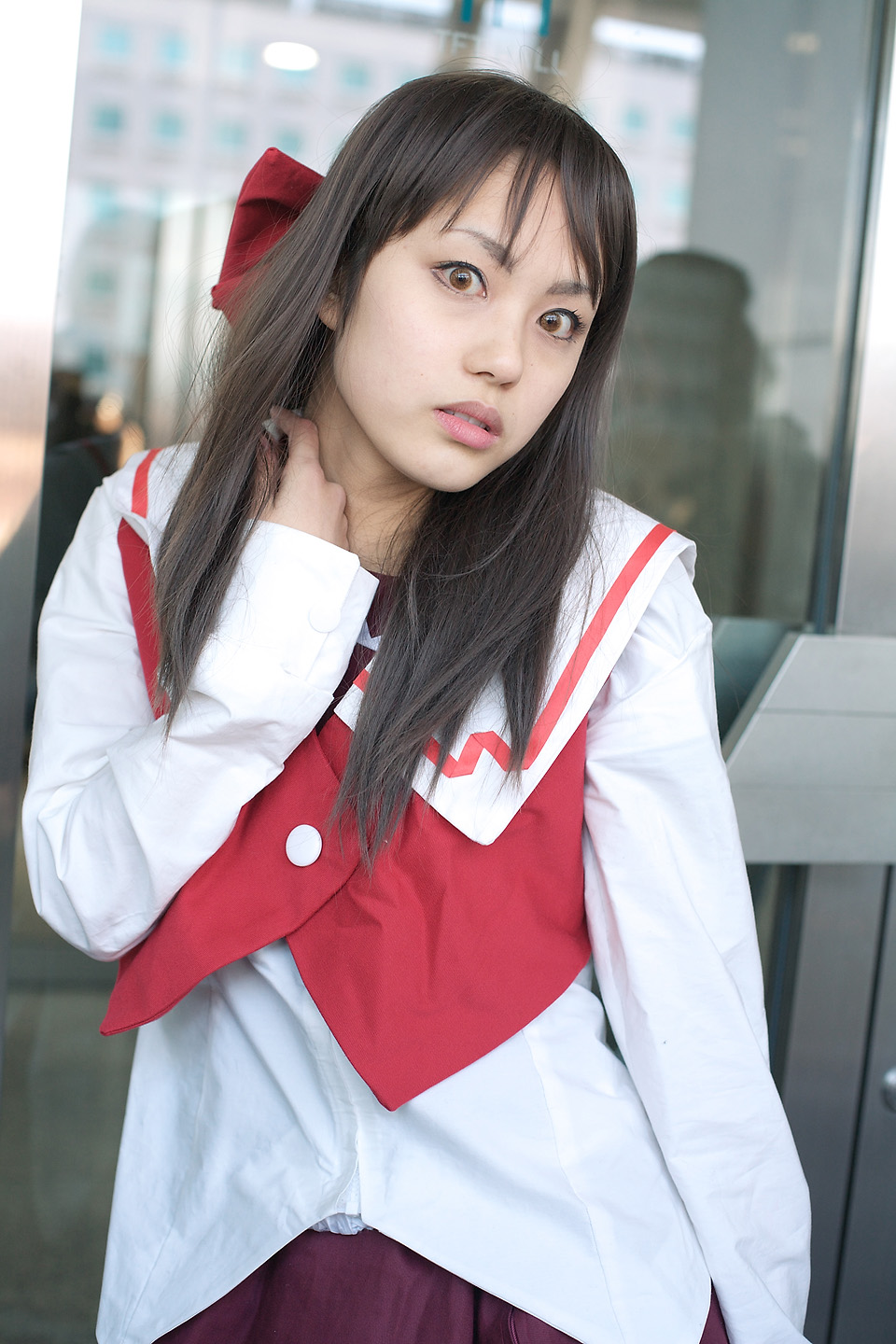 character request, highres, photo (medium), source request, bow, cosplay, hair bow, sailor, school uniform, serafuku