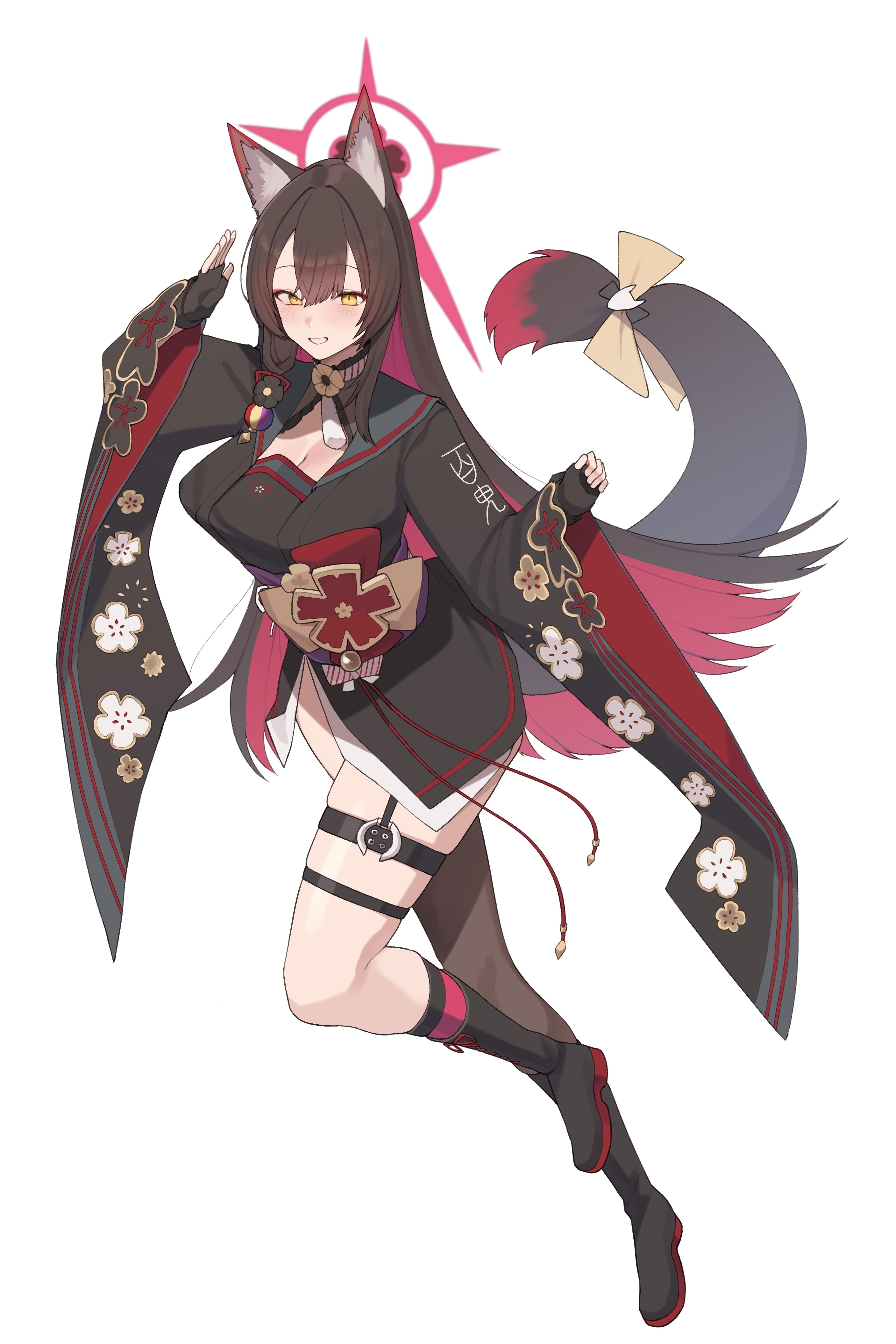 kurowanjjyang, wakamo (blue archive), blue archive, absurdres, highres, 1girl, animal ear fluff, animal ears, ankle boots, black boots, black gloves, black shirt, black thighhighs, boots, breasts, brown hair, colored inner hair, fingerless gloves, floral print sleeves, fox ears, fox girl, fox tail, full body, gloves, hair intakes, halo, hands up, large breasts, long hair, looking at viewer, miniskirt, multicolored hair, obi, red hair, red halo, salute, sash, shirt, side slit, single thighhigh, skirt, smile, solo, tail, thigh strap, thighhighs, thighs, torn clothes, torn thighhighs, transparent background, two-tone hair, very long hair, white skirt, wide sleeves, yellow eyes