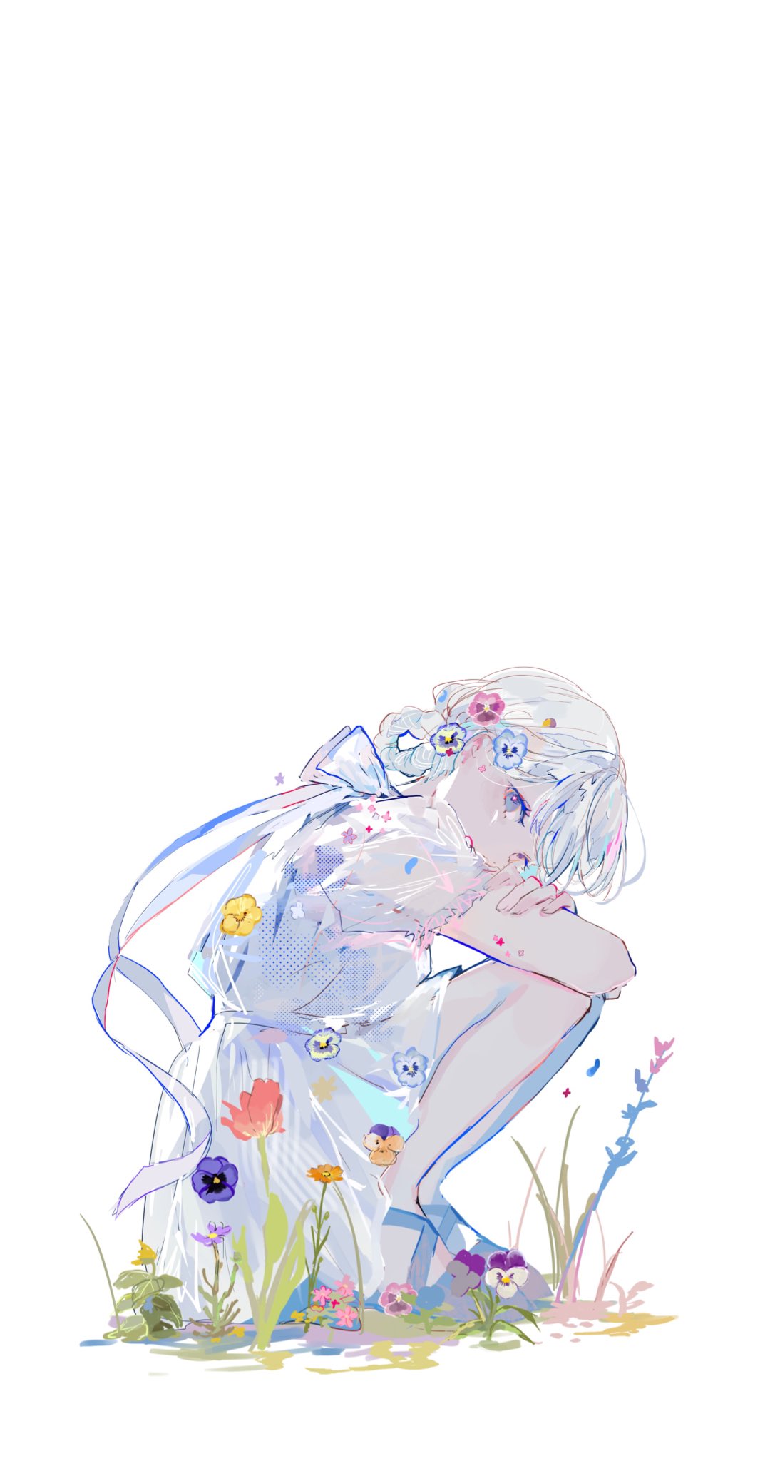 hagimorijia, original, highres, 1girl, blue eyes, blue flower, braid, braided hair rings, crossed arms, dress, flower, from side, hair flower, hair ornament, hair rings, looking at viewer, short sleeves, simple background, solo, squatting, white background, white dress, white hair, yellow flower