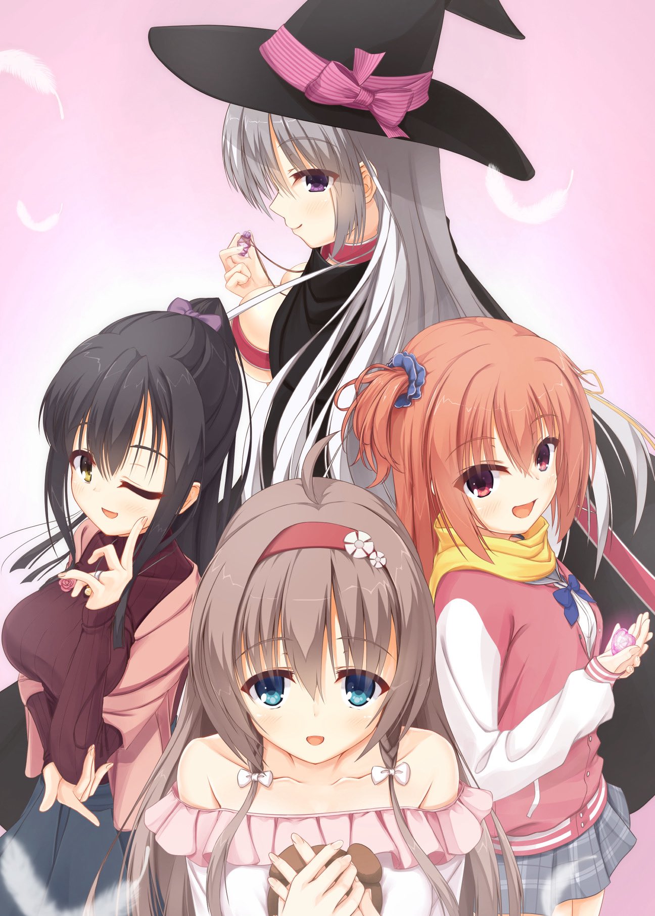 reiji tsukimi, ayachi nene, inaba meguru, shiiba tsumugi, togakushi touko, sanoba witch, commentary request, highres, 4girls, :d, ;d, ahoge, arm under breasts, bare shoulders, belt, belt bra, black cape, black hair, black hat, blue bow, blue bowtie, blue eyes, blush, bow, bowtie, braid, breasts, brown hair, cape, casual, closed mouth, collarbone, cowboy shot, dress, eyes visible through hair, falling feathers, feathers, fingernails, floating hair, flower, frilled dress, frills, grey hair, grey skirt, hair between eyes, hair bow, hair flower, hair ornament, hair ribbon, hair scrunchie, hairband, hands up, happy, hat, hat bow, heart, holding, holding heart, holding jewelry, holding necklace, holding stuffed toy, index finger raised, jacket, jewelry, large breasts, letterman jacket, long hair, looking at viewer, miniskirt, multiple girls, necklace, off-shoulder dress, off shoulder, official alternate costume, official alternate hairstyle, one eye closed, one side up, open mouth, orange hair, own hands together, pink background, pink belt, pink bow, pink jacket, plaid clothes, plaid skirt, pleated skirt, ponytail, profile, purple bow, purple eyes, red eyes, red hairband, red sweater, ribbed sweater, ribbon, ring, school uniform, scrunchie, sidelocks, sideways glance, simple background, skirt, sleeves past wrists, smile, straight hair, stuffed animal, stuffed toy, sweater, teddy bear, twin braids, upper body, upturned eyes, very long hair, white bow, white dress, white feathers, white flower, white sleeves, witch, witch hat, yellow eyes, yellow ribbon