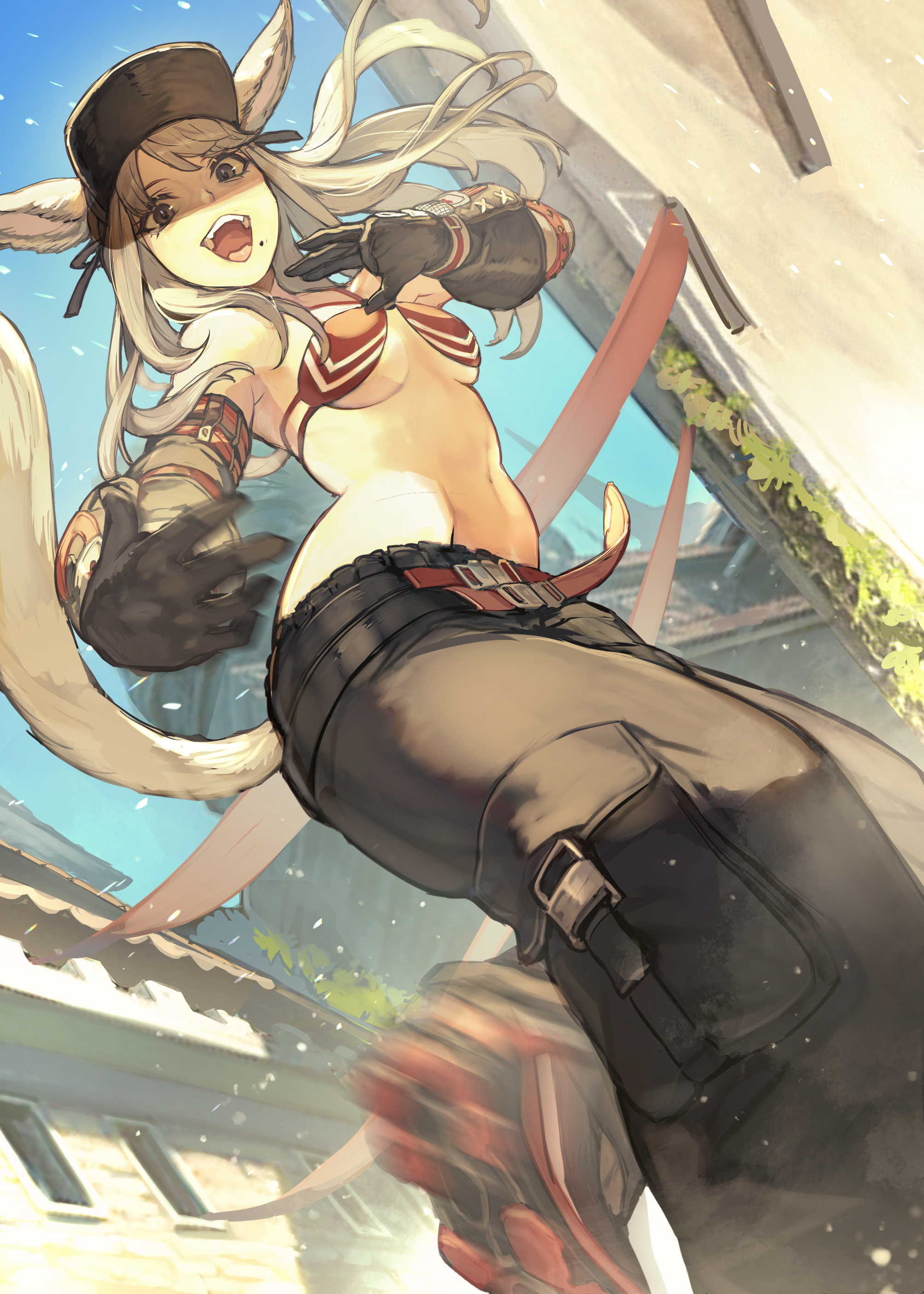 hide (hideout), warrior of light (ff14), final fantasy, final fantasy xiv, absurdres, commentary request, commission, highres, skeb commission, 1girl, animal ears, bikini, bikini top only, black eyes, black gloves, black pants, breasts, cat ears, cat girl, cat tail, dancing, gloves, grey hair, hat, long hair, looking at viewer, medium breasts, miqo'te, mole, mole under mouth, motion blur, open mouth, pants, red bikini, solo, swimsuit, tail