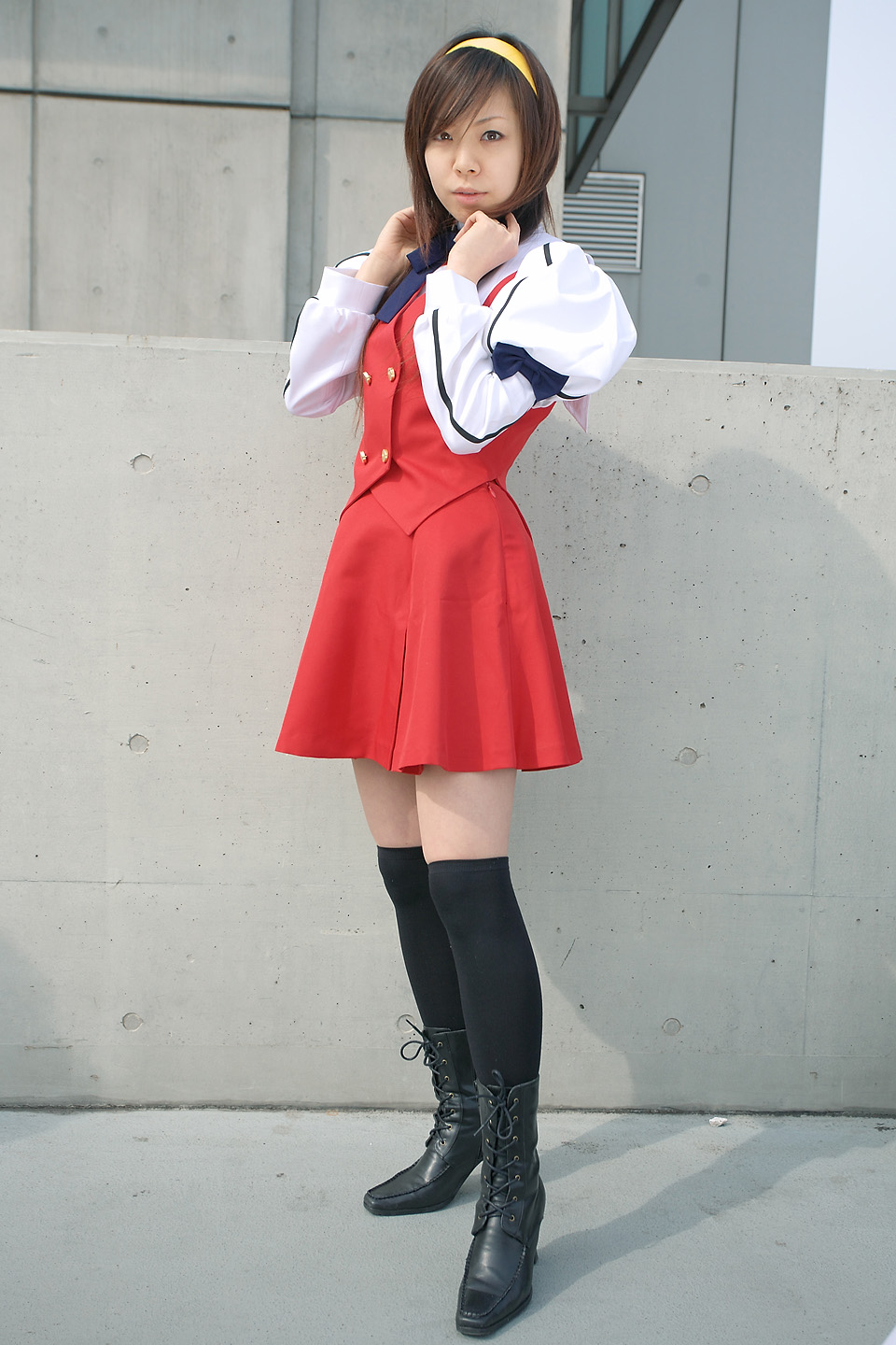 souhi makoto, himemiya chikane, kannazuki no miko, highres, photo (medium), cosplay, hairband, school uniform, serafuku, thighhighs, zettai ryouiki