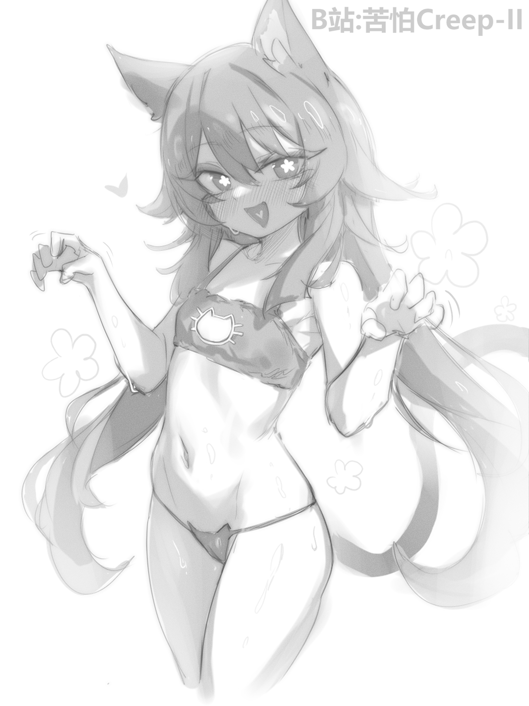 kupa (jesterwii), hu tao (genshin impact), genshin impact, highres, 1girl, :d, animal ears, animal print, bilibili username, cat cutout, cat ears, cat girl, cat lingerie, cat panties, cat print, cat tail, clothing cutout, flat chest, flower-shaped pupils, greyscale, kemonomimi mode, long hair, looking at viewer, monochrome, multiple tails, navel, open mouth, panties, print panties, simple background, smile, solo, symbol-shaped pupils, tail, thighs, underwear, white background