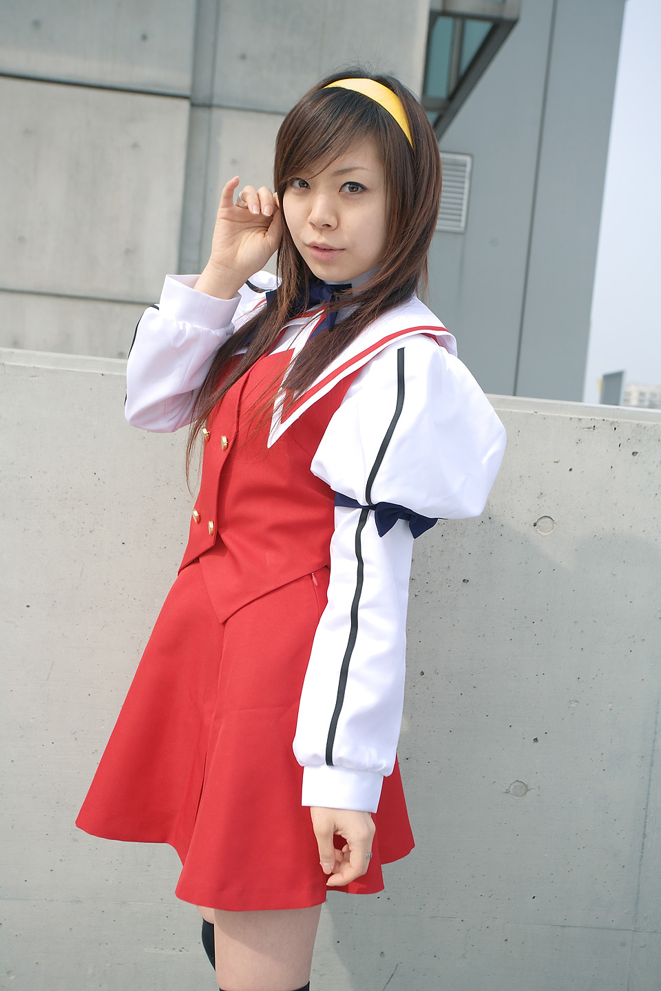 souhi makoto, himemiya chikane, kannazuki no miko, highres, photo (medium), cosplay, hairband, school uniform, serafuku, thighhighs, zettai ryouiki