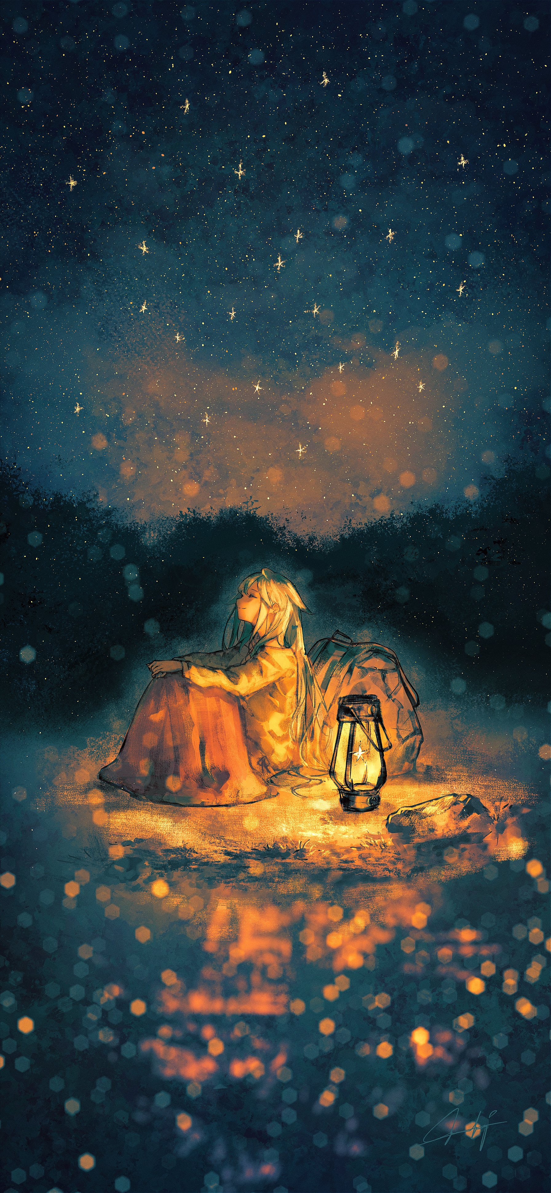 goroku, original, absurdres, highres, 1girl, blurry, bokeh, closed eyes, closed mouth, depth of field, grass, hair flaps, lantern, long hair, long sleeves, night, night sky, on ground, outdoors, rock, sitting, skirt, sky, smile, solo, star (sky), starry sky