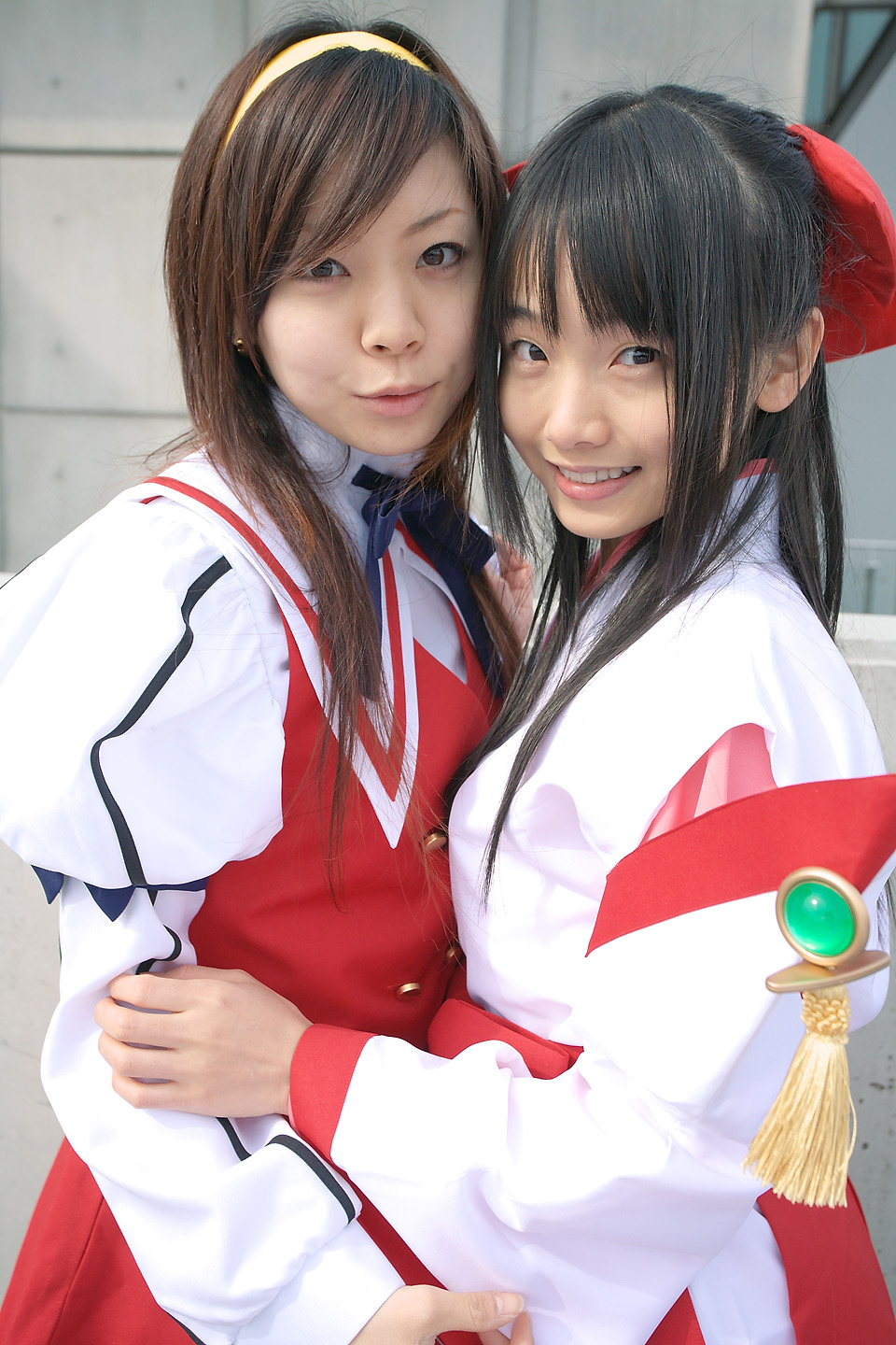 souhi makoto, himemiya chikane, kurusugawa himeko, matsunaga ayaka, kannazuki no miko, highres, photo (medium), bow, cosplay, hair bow, hairband, japanese clothes, miko, school uniform, serafuku
