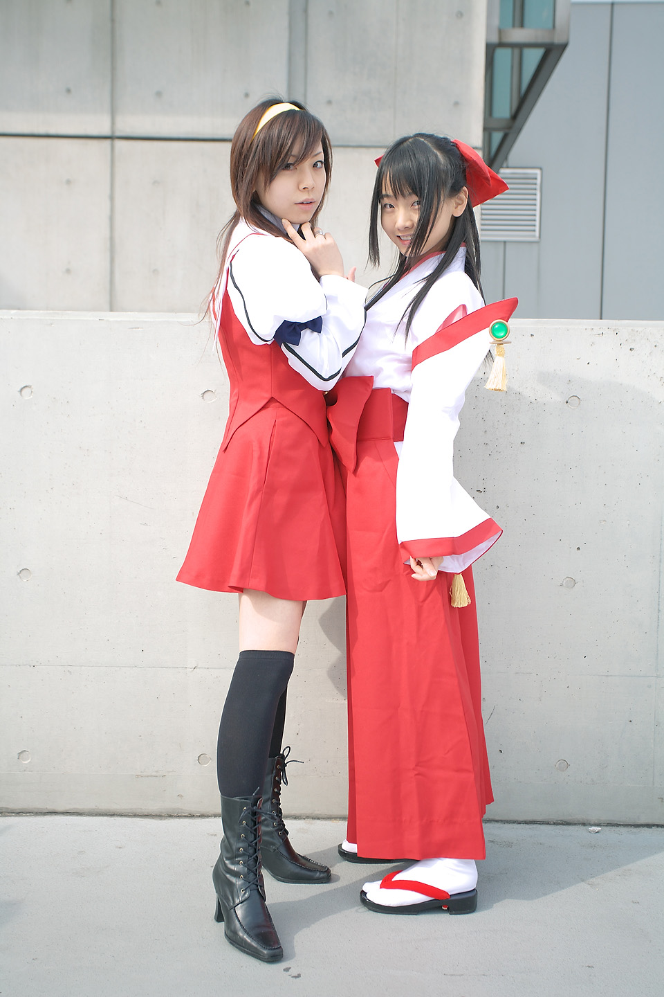 souhi makoto, himemiya chikane, kurusugawa himeko, matsunaga ayaka, kannazuki no miko, highres, photo (medium), bow, cosplay, hair bow, hairband, japanese clothes, miko, school uniform, serafuku, thighhighs, zettai ryouiki