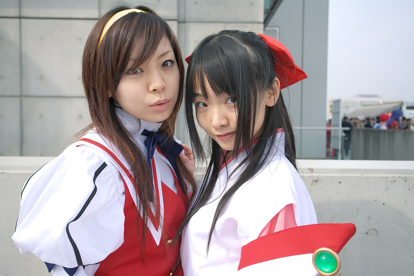 souhi makoto, himemiya chikane, kurusugawa himeko, matsunaga ayaka, kannazuki no miko, photo (medium), bow, cosplay, hair bow, hairband, japanese clothes, miko, school uniform, serafuku