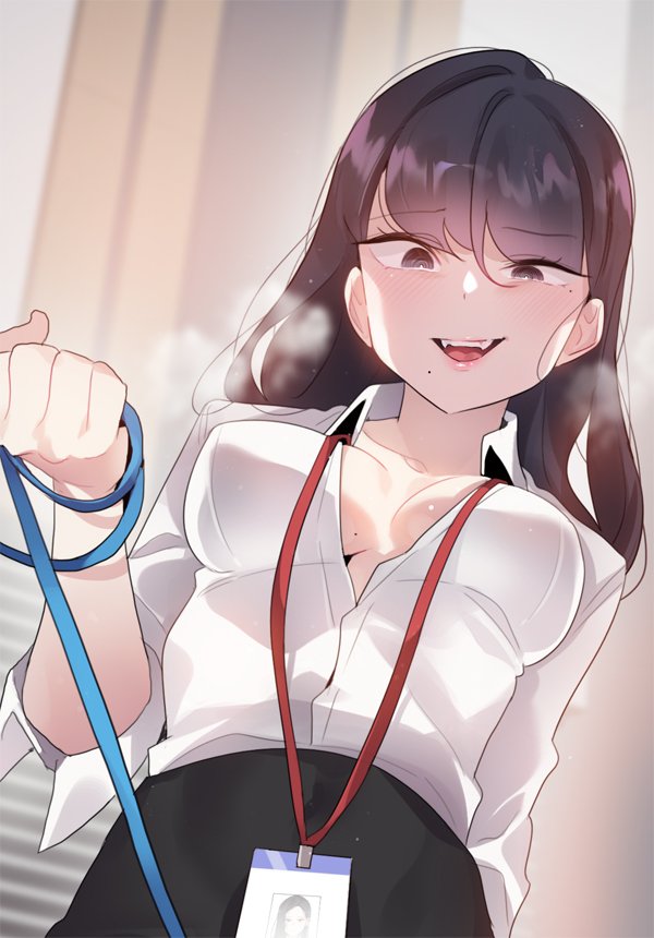 alicecrazy, a pervert's daily life, character request, lowres, 1girl, black eyes, black hair, black skirt, breasts, clothing cutout, collarbone, collared shirt, dot nose, fangs, female focus, id card, indoors, large breasts, long hair, long sleeves, looking at viewer, miniskirt, mole, mole on breast, mole under eye, mole under mouth, navel cutout, office lady, open mouth, pencil skirt, pov, sexually suggestive, shirt, skirt, solo, solo focus, teeth, unbuttoned, unbuttoned shirt, upper teeth only, white shirt