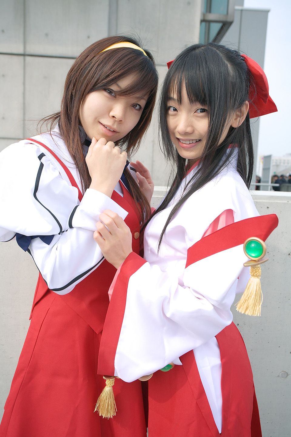 souhi makoto, himemiya chikane, kurusugawa himeko, matsunaga ayaka, kannazuki no miko, highres, photo (medium), bow, cosplay, hair bow, hairband, japanese clothes, miko, school uniform, serafuku