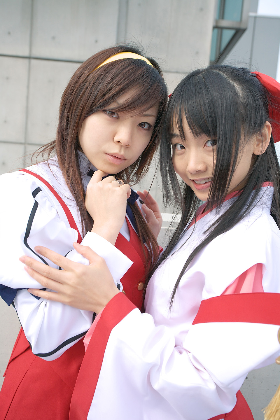souhi makoto, himemiya chikane, kurusugawa himeko, matsunaga ayaka, kannazuki no miko, highres, photo (medium), bow, cosplay, hair bow, hairband, japanese clothes, miko, school uniform, serafuku