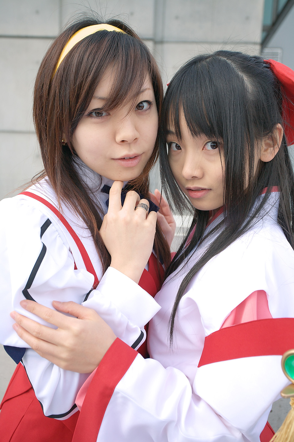 souhi makoto, himemiya chikane, kurusugawa himeko, matsunaga ayaka, kannazuki no miko, highres, photo (medium), bow, cosplay, hair bow, hairband, japanese clothes, miko, school uniform, serafuku