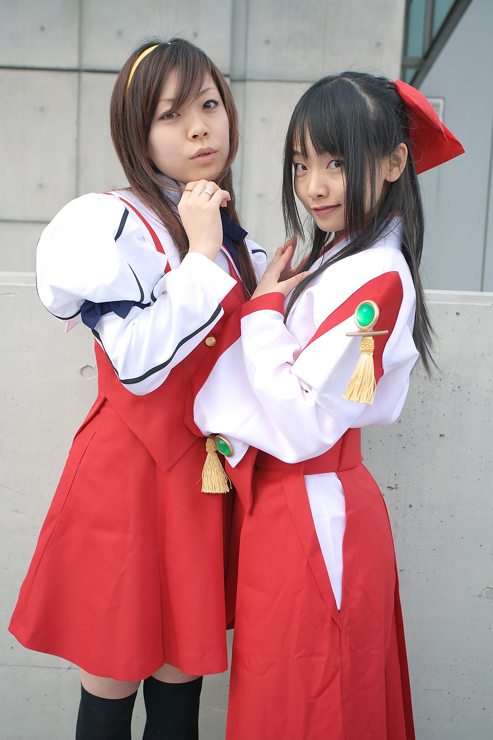 souhi makoto, himemiya chikane, kurusugawa himeko, matsunaga ayaka, kannazuki no miko, highres, photo (medium), bow, cosplay, hair bow, hairband, japanese clothes, miko, school uniform, serafuku, thighhighs, zettai ryouiki