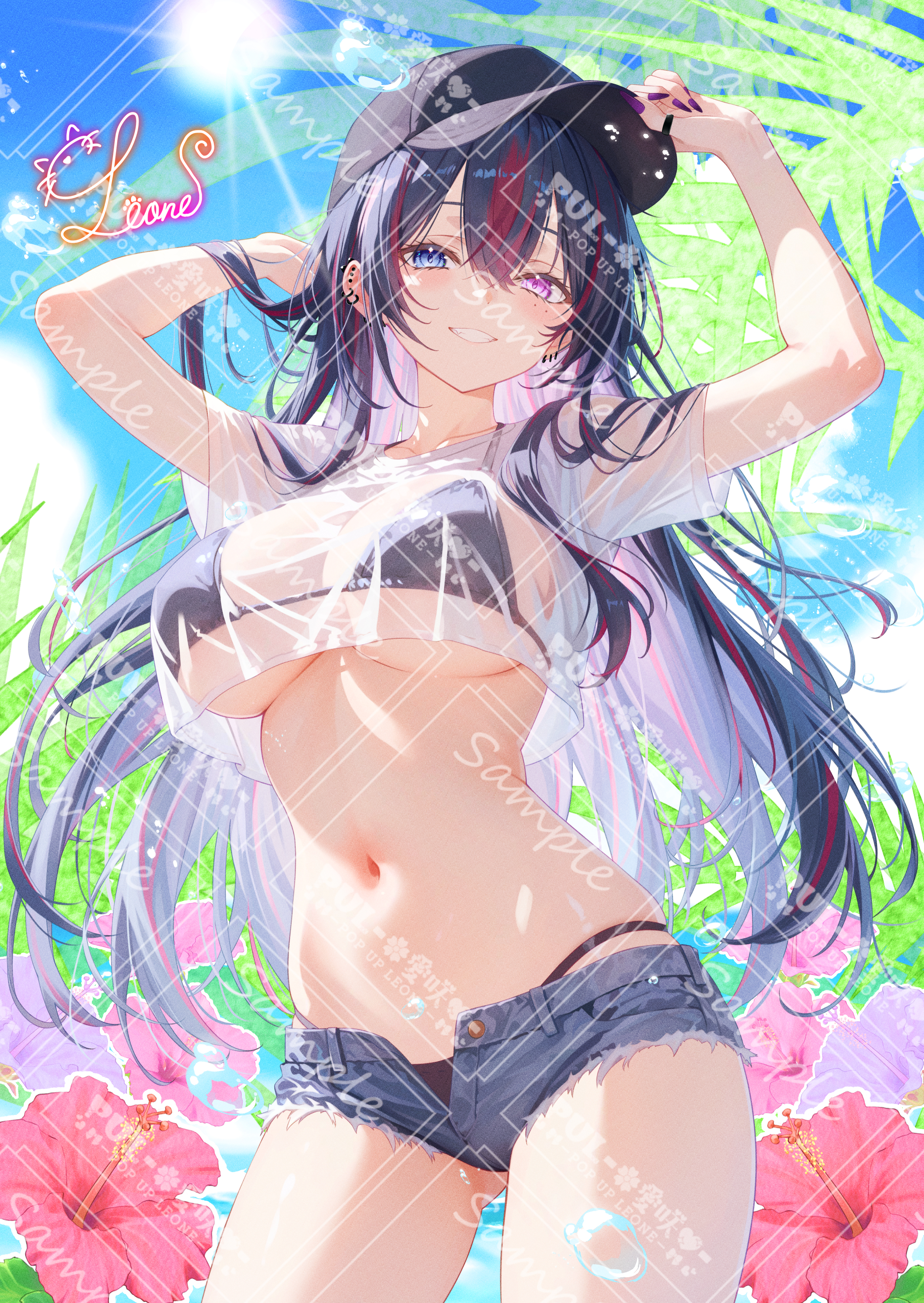 leone (kamina0205), original, absurdres, commentary request, commission, highres, 1girl, arm behind head, arms up, baseball cap, bikini, bikini under clothes, black bikini, black hair, blue eyes, blue shorts, breasts, cowboy shot, crop top, crop top overhang, cutoffs, day, denim, denim shorts, ear piercing, flower, gluteal fold, grin, hand on headwear, hat, hibiscus, large breasts, long hair, looking at viewer, micro shorts, midriff, mole, mole under eye, multicolored hair, nail polish, navel, obnoxious watermark, open fly, piercing, pink flower, purple eyes, purple nails, sample watermark, see-through clothes, see-through shirt, shirt, short sleeves, shorts, skindentation, smile, solo, stomach, streaked hair, string bikini, sunlight, swimsuit, thighs, too many watermarks, two-tone hair, underboob, very long hair, watermark, watermark grid, wet, wet clothes, wet shirt, white shirt