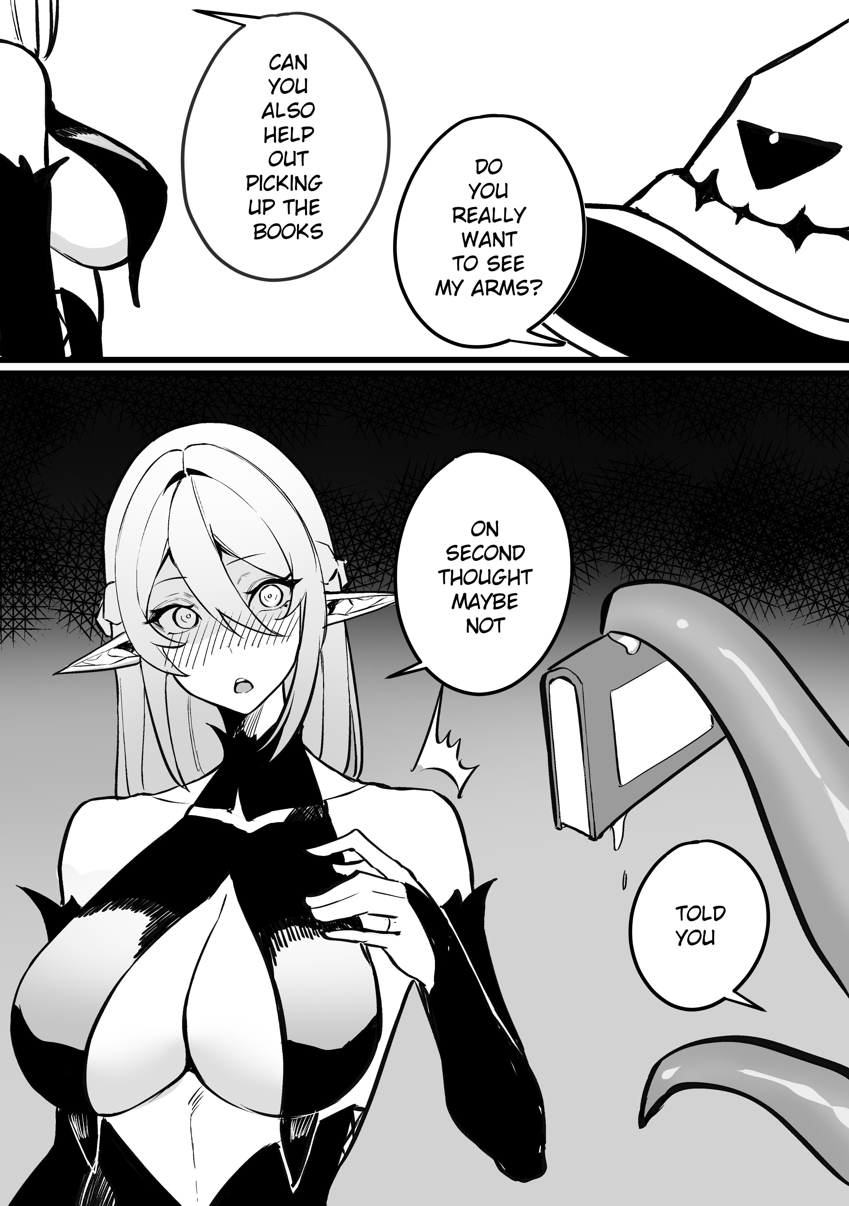 mirui09, original, absurdres, commentary, english commentary, highres, 1girl, ^^^, bare shoulders, blush, book, breast curtains, breasts, bridal gauntlets, cleavage, double-parted bangs, dress, elf, english text, grey background, greyscale, hair between eyes, hat, large breasts, living clothes, long hair, looking at viewer, monochrome, open mouth, pointy ears, speech bubble, talking, tentacles