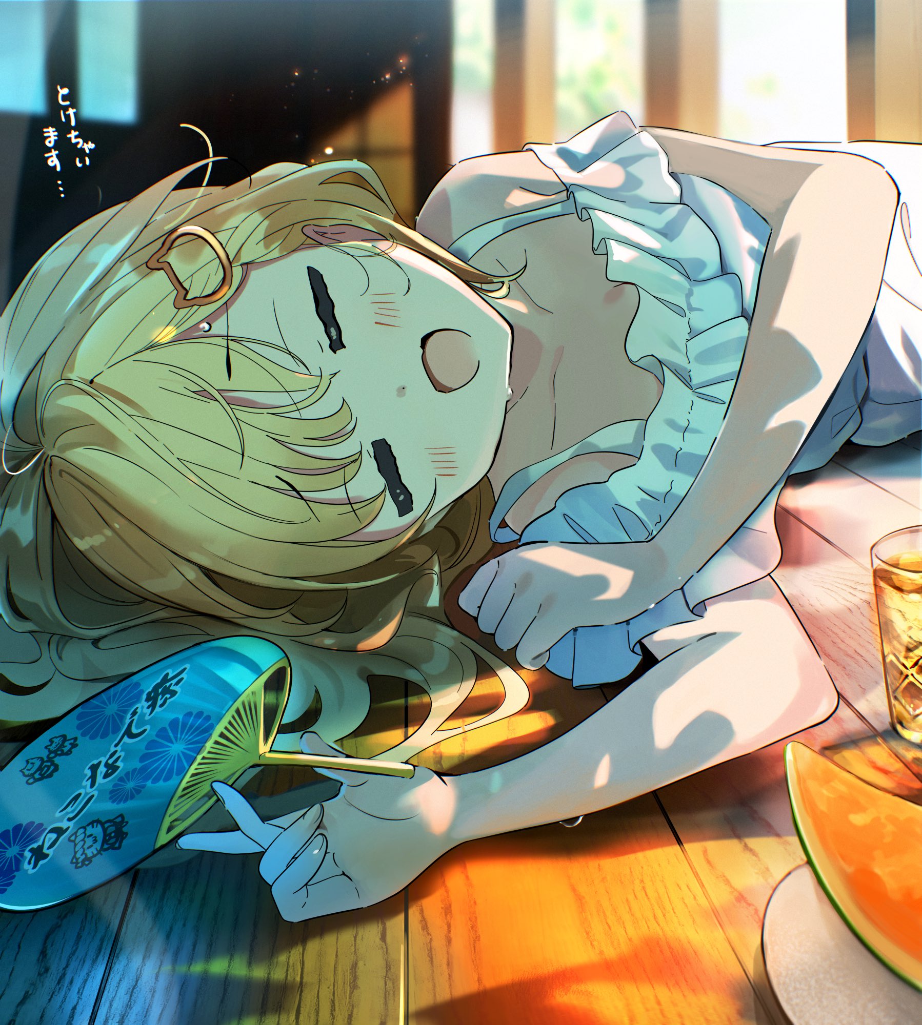 yukimaru nun, watson amelia, hololive, highres, 1girl, blonde hair, blurry, blush, closed eyes, collarbone, cup, depth of field, dress, drinking glass, food, fruit, hair ornament, hand fan, holding, holding fan, hot, ice, ice cube, light blush, lying, on side, open mouth, paper fan, solo, summer, sunlight, sweat, uchiwa, virtual youtuber, watermelon, watermelon slice, white dress, wooden floor
