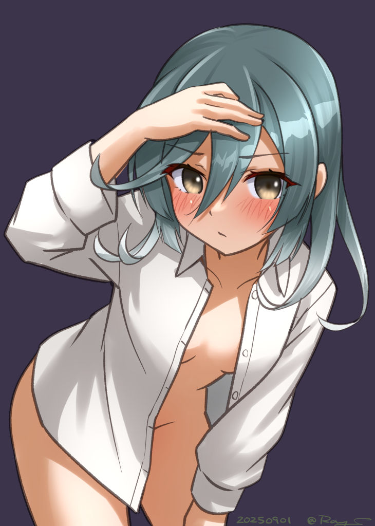 ray.s, suzunami (kancolle), kantai collection, 1girl, blush, bottomless, breasts, collarbone, cowboy shot, dated, dress shirt, green hair, grey background, long hair, looking at viewer, naked shirt, navel, no bra, no panties, one-hour drawing challenge, open clothes, open shirt, shirt, small breasts, solo, twitter username, white shirt, yellow eyes