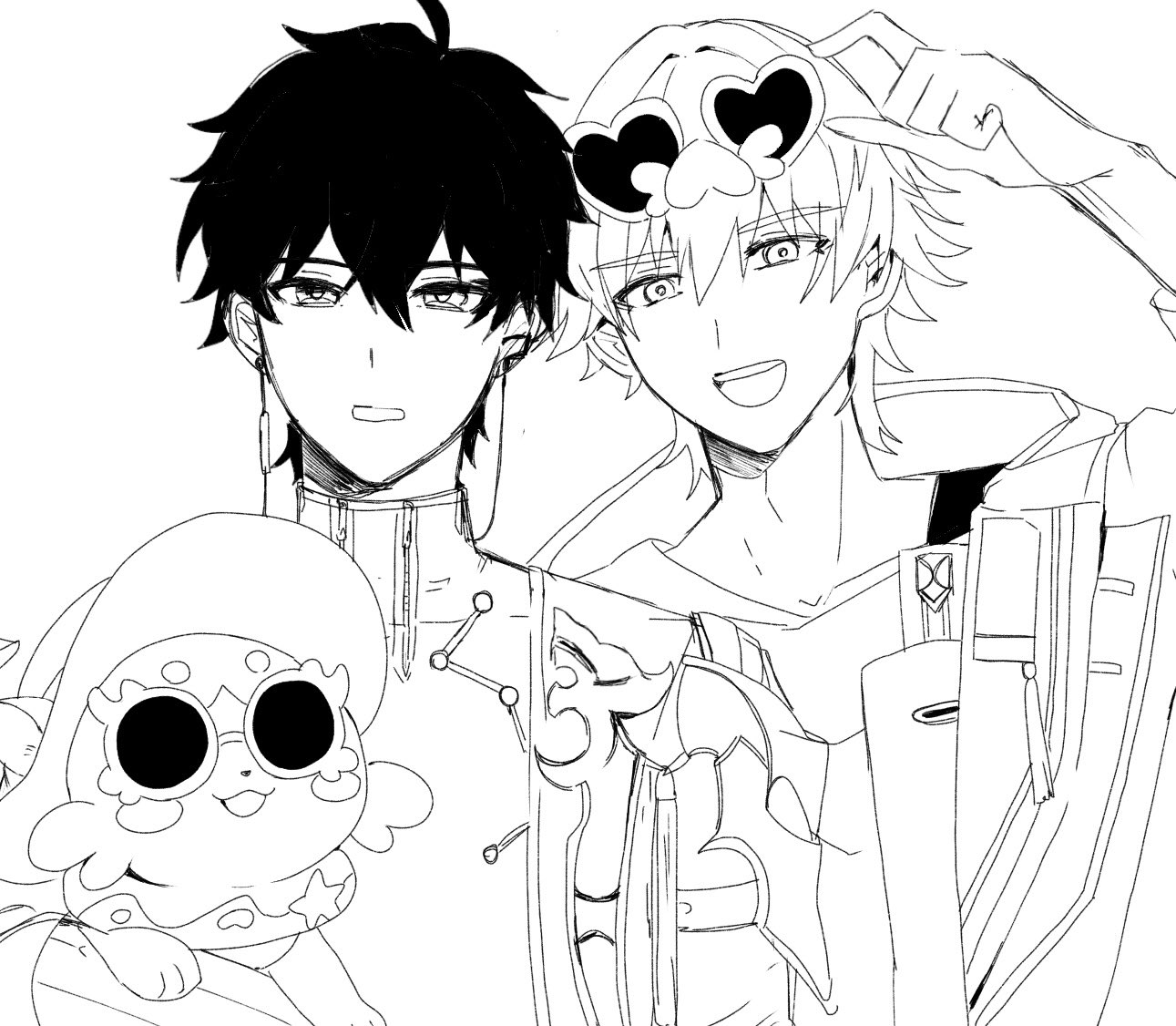 caelus (honkai: star rail), dan heng (honkai: star rail), dan heng (hunt) (honkai: star rail), trailblazer (honkai: star rail), honkai: star rail, honkai (series), commentary request, 2boys, ahoge, animal ears, animal nose, ayataka hsr, bubbles (honkai: star rail), chimera (honkai: star rail), chinese clothes, coat, collarbone, constellation print, creature, earclip, earrings, eyewear on head, fingerless gloves, gloves, hair between eyes, hand up, hat, heart, heart-shaped eyewear, hood, hooded coat, innertube, jewelry, lapels, long sleeves, looking at viewer, male focus, monochrome, multiple boys, open clothes, open coat, open mouth, shirt, short hair, simple background, single earring, smile, star (symbol), star print, sun hat, sunglasses, swim ring, t-shirt, tail, teeth, upper body, zipper