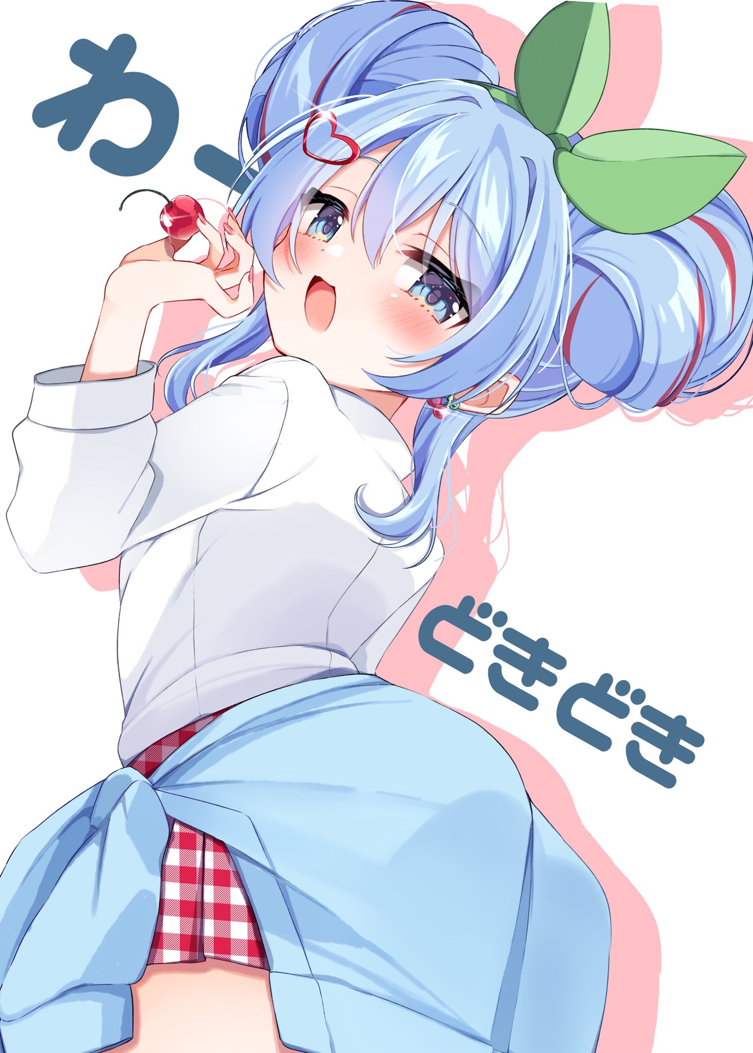 kiyokura meru, cherry pop (vocaloid), vocaloid, highres, 1girl, :d, blue eyes, blue hair, blue jacket, blush, bow, cardigan, cardigan around waist, cherry, cherry hair ornament, clothes around waist, collared shirt, colored shadow, double bun, dress shirt, drop shadow, food, food-themed hair ornament, fruit, hair between eyes, hair bow, hair bun, hair ornament, hand up, holding, holding food, holding fruit, jacket, jacket around waist, long sleeves, multicolored eyes, open mouth, shadow, shirt, smile, white background