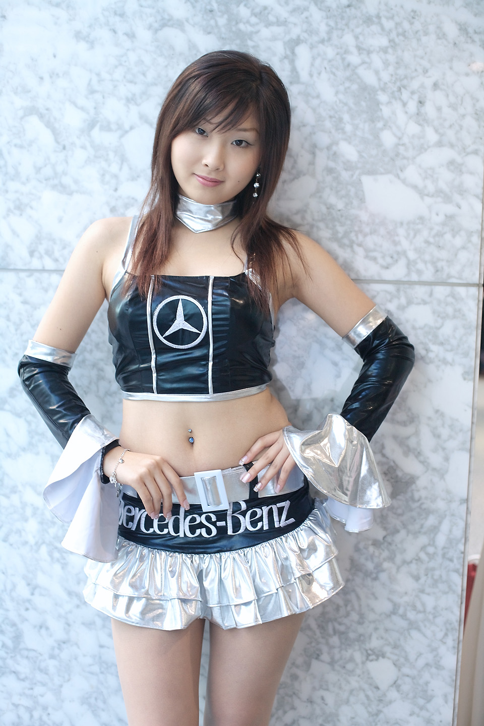 natsu suzune, highres, photo (medium), campaign girl, cosplay, halterneck, midriff, miniskirt, race queen, skirt, vinyl