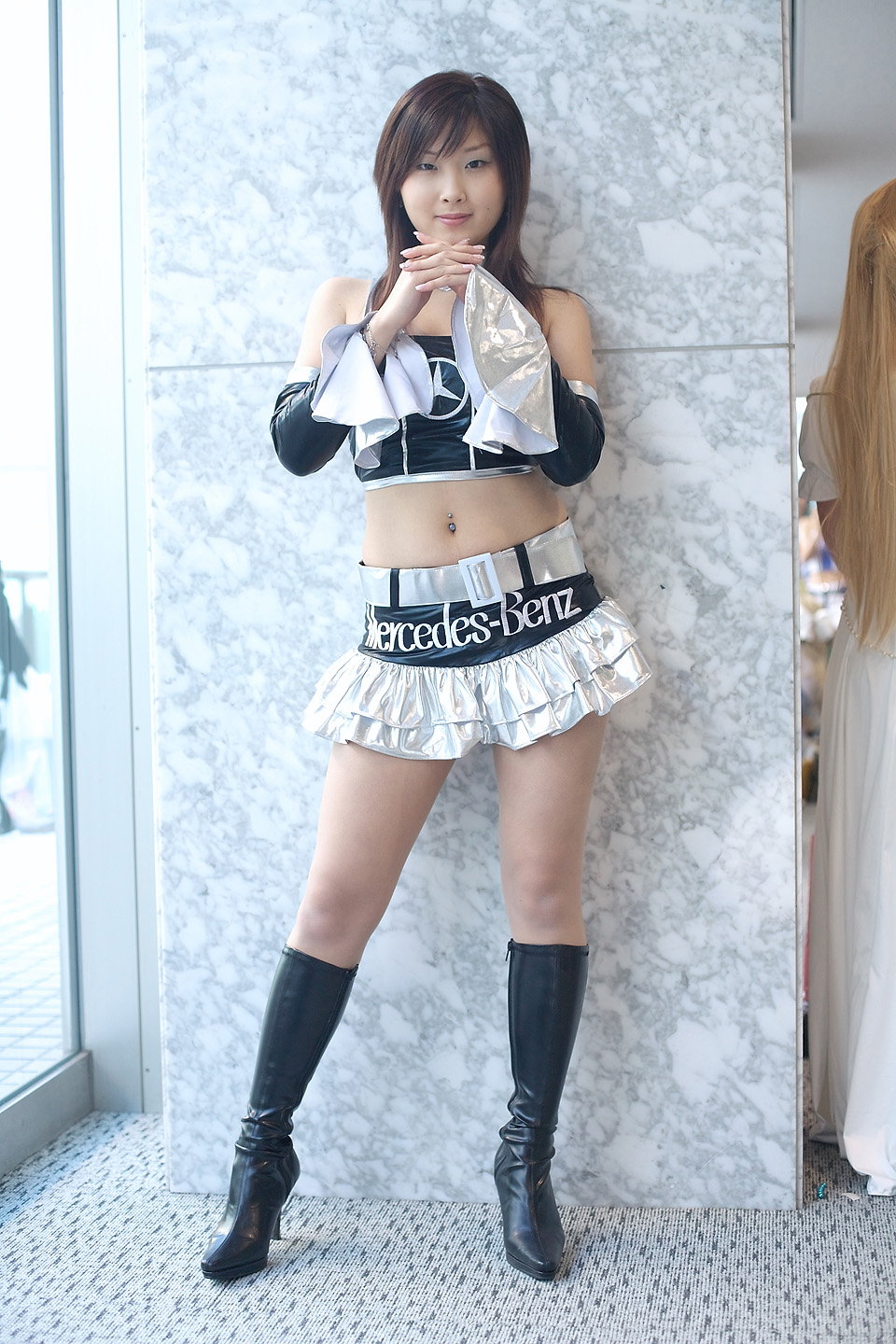 natsu suzune, highres, photo (medium), boots, campaign girl, cosplay, halterneck, midriff, miniskirt, race queen, skirt, vinyl