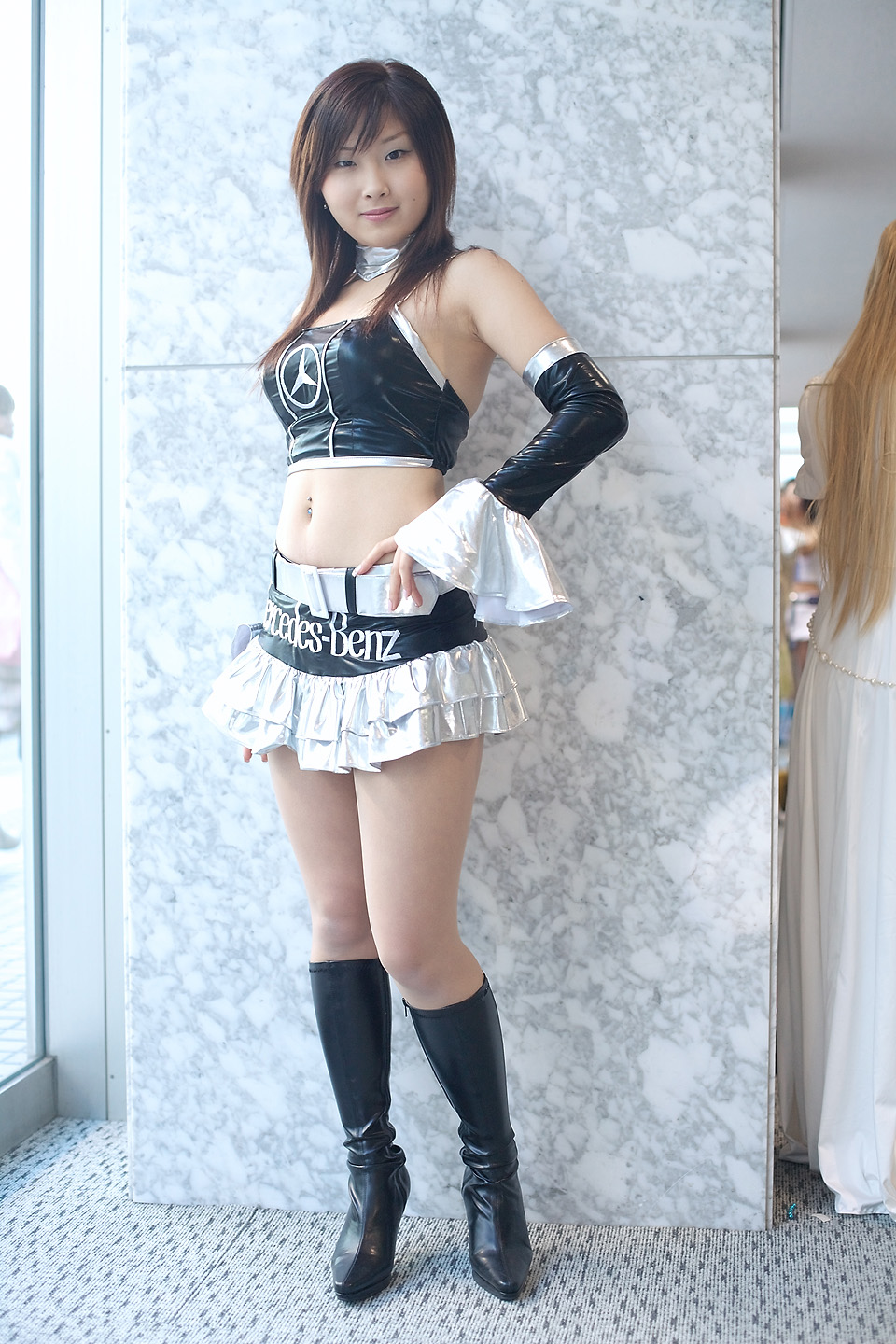natsu suzune, highres, photo (medium), boots, campaign girl, cosplay, halterneck, midriff, miniskirt, race queen, skirt, vinyl