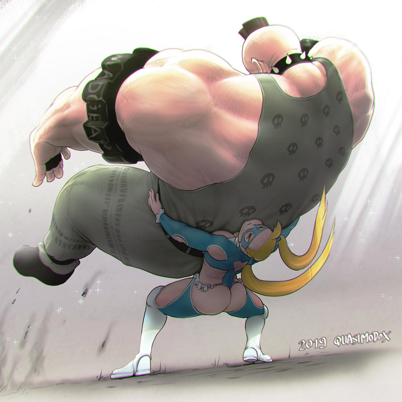 quasimodox, abigail (final fight), rainbow mika, street fighter, street fighter v, highres, 1boy, 1girl, battle, blonde hair, blue bodysuit, bodysuit, breasts, cleavage, cleavage cutout, closed eyes, closed mouth, clothing cutout, collar, german suplex, green pants, green tank top, large breasts, muscular, muscular male, one-piece thong, pants, size difference, spiked collar, spikes, suplex, tank top, thigh cutout, twintails
